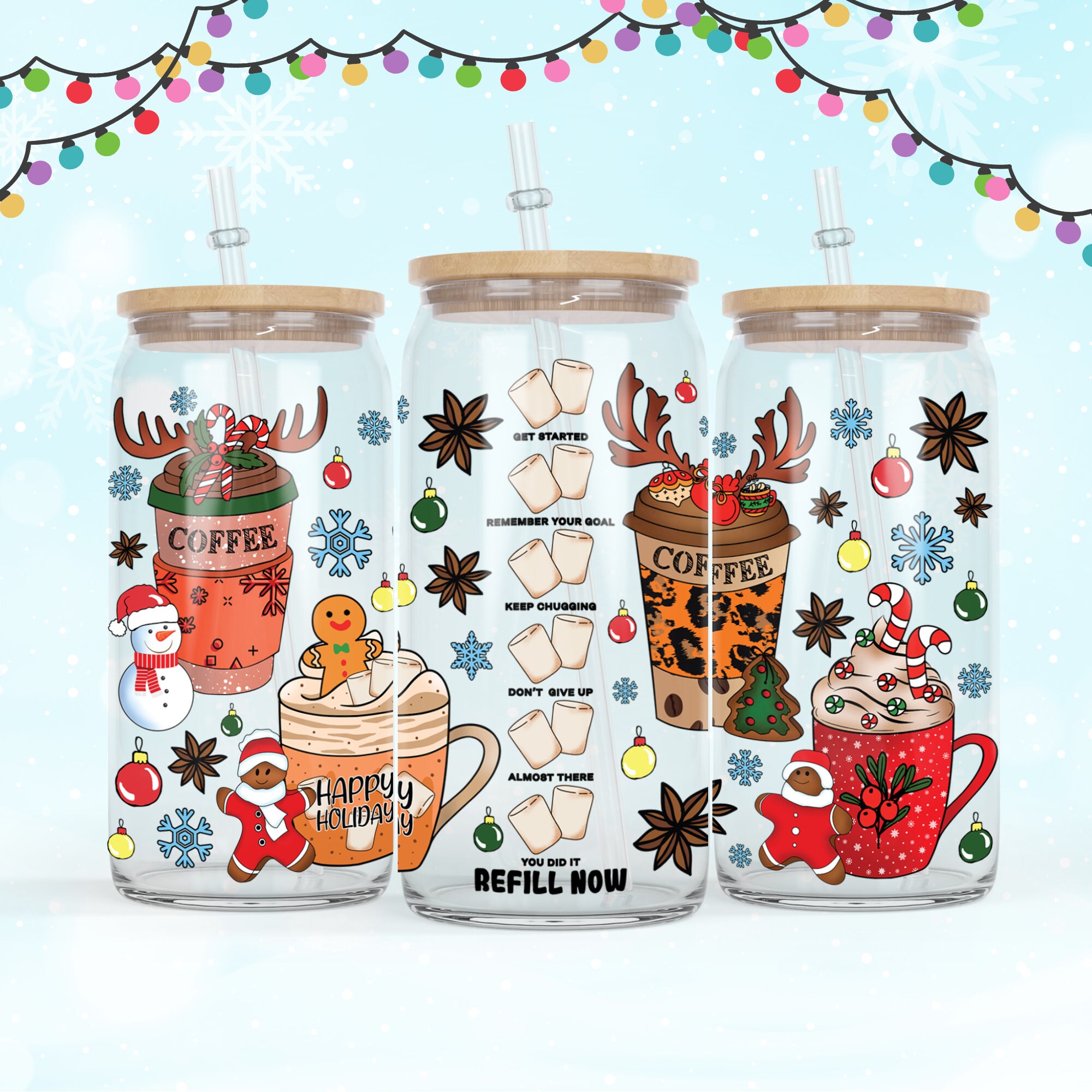 Libbey Beer Frost Glass Can Hand drawn Christmas Water Tracker Refill coffee PNG, Leopard Reindeer Gingerbread man Santa snow cozy winter