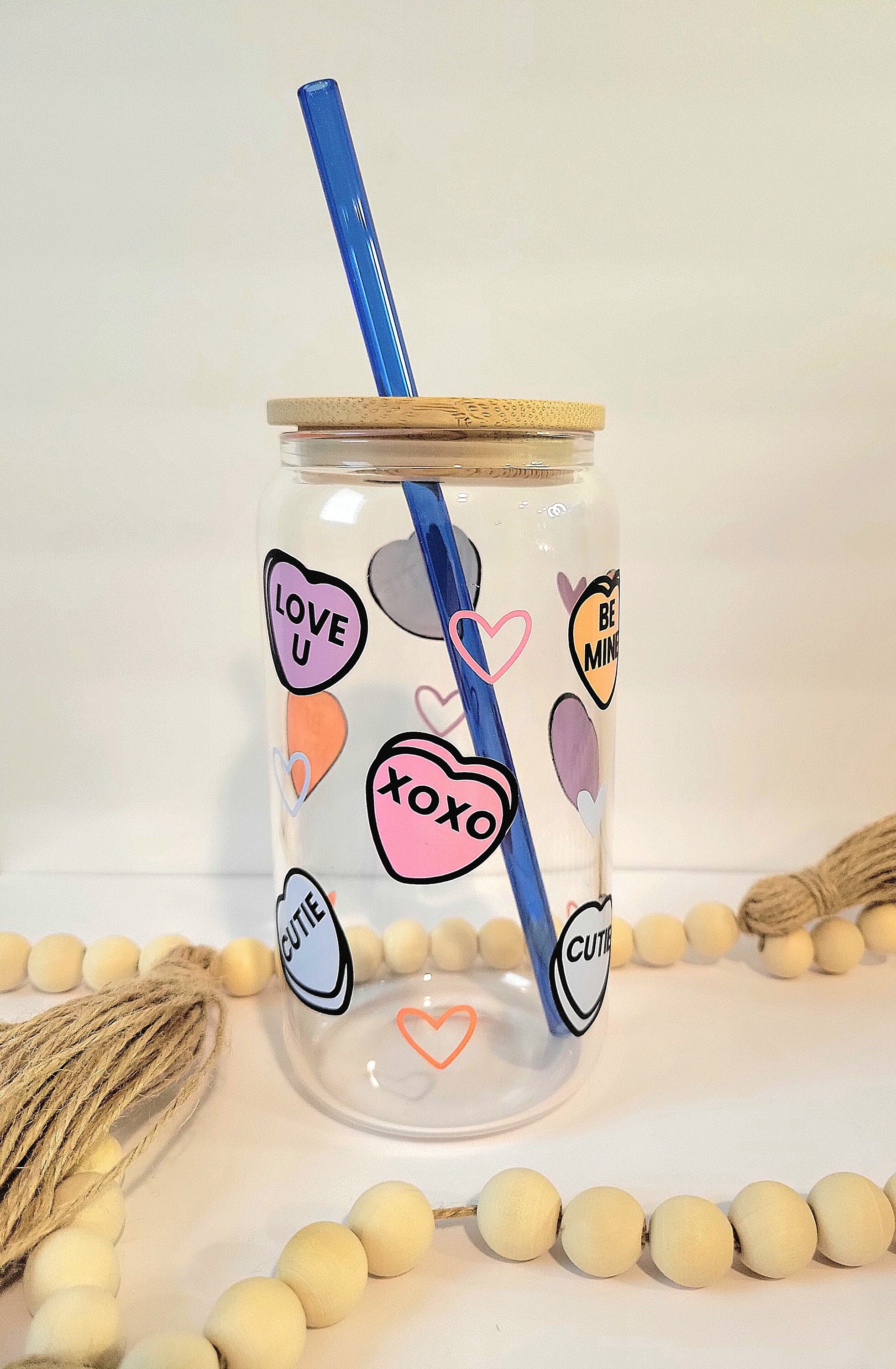 Valentines Glass Can, Conversation Hearts Candy Iced Coffee Glass Cup with lid and straw, Valentines Day Gift for Her, Sweetheart Tumbler