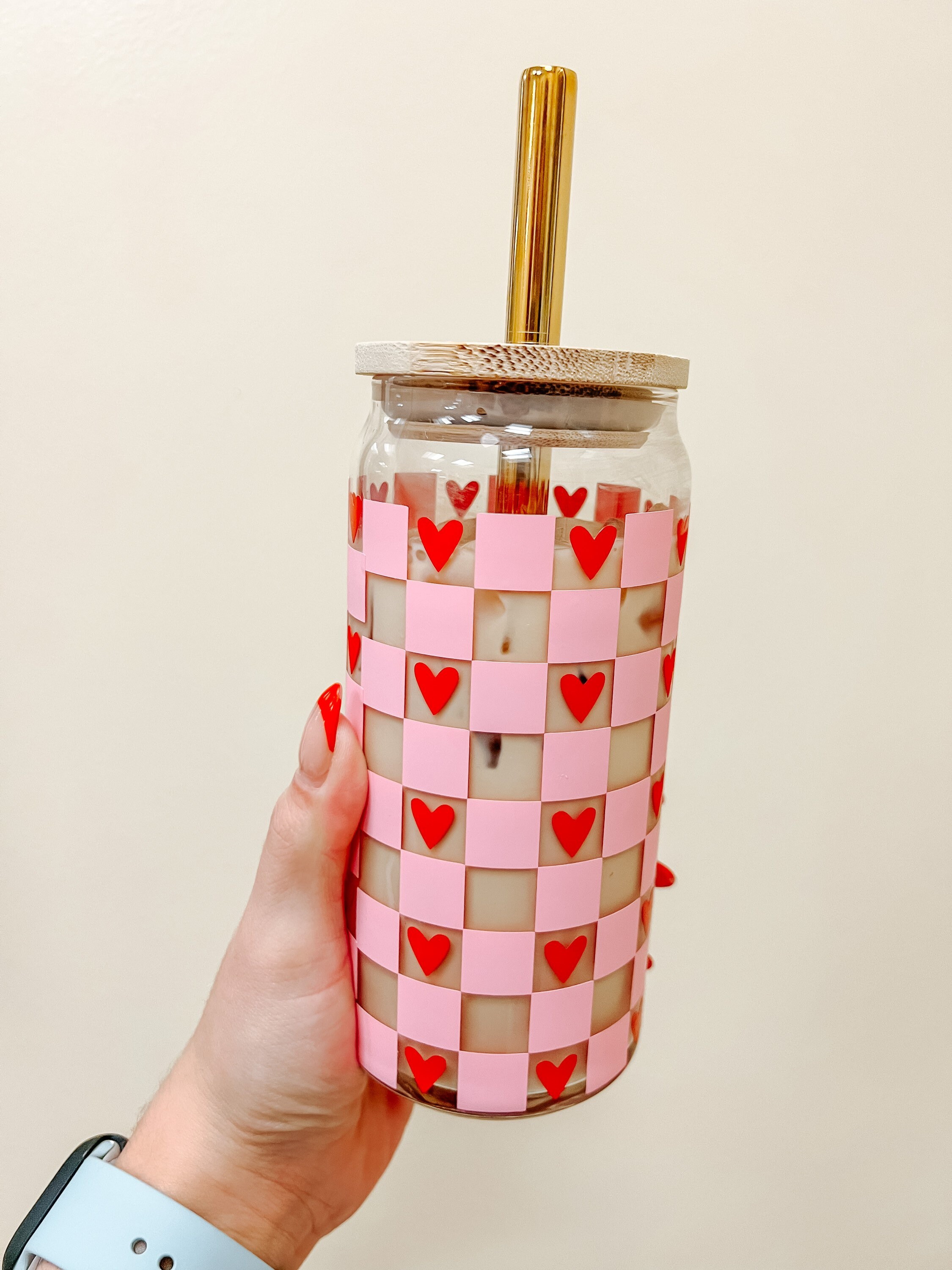 Retro Checkered Hearts Beer Can | Valentines Coffee Cup | Gift for Her