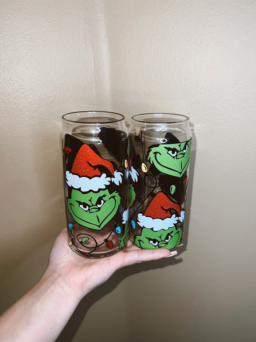 Grinch Christmas lights can glass | iced coffee glass | Christmas | gift idea | libbey can glass | grinch please | glitter