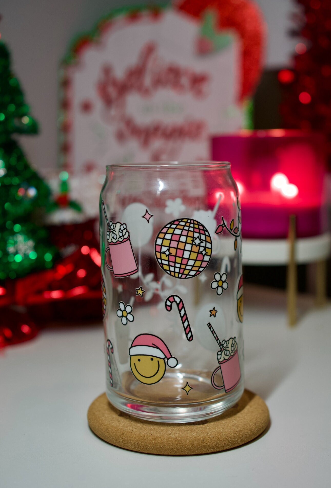 Disco Christmas Cup | Smiley Face Groovy Cup | Christmas Cup | Coffee Glass | Iced Coffee Glass | Glass Can | Cute Cup | Trendy Glass Cup