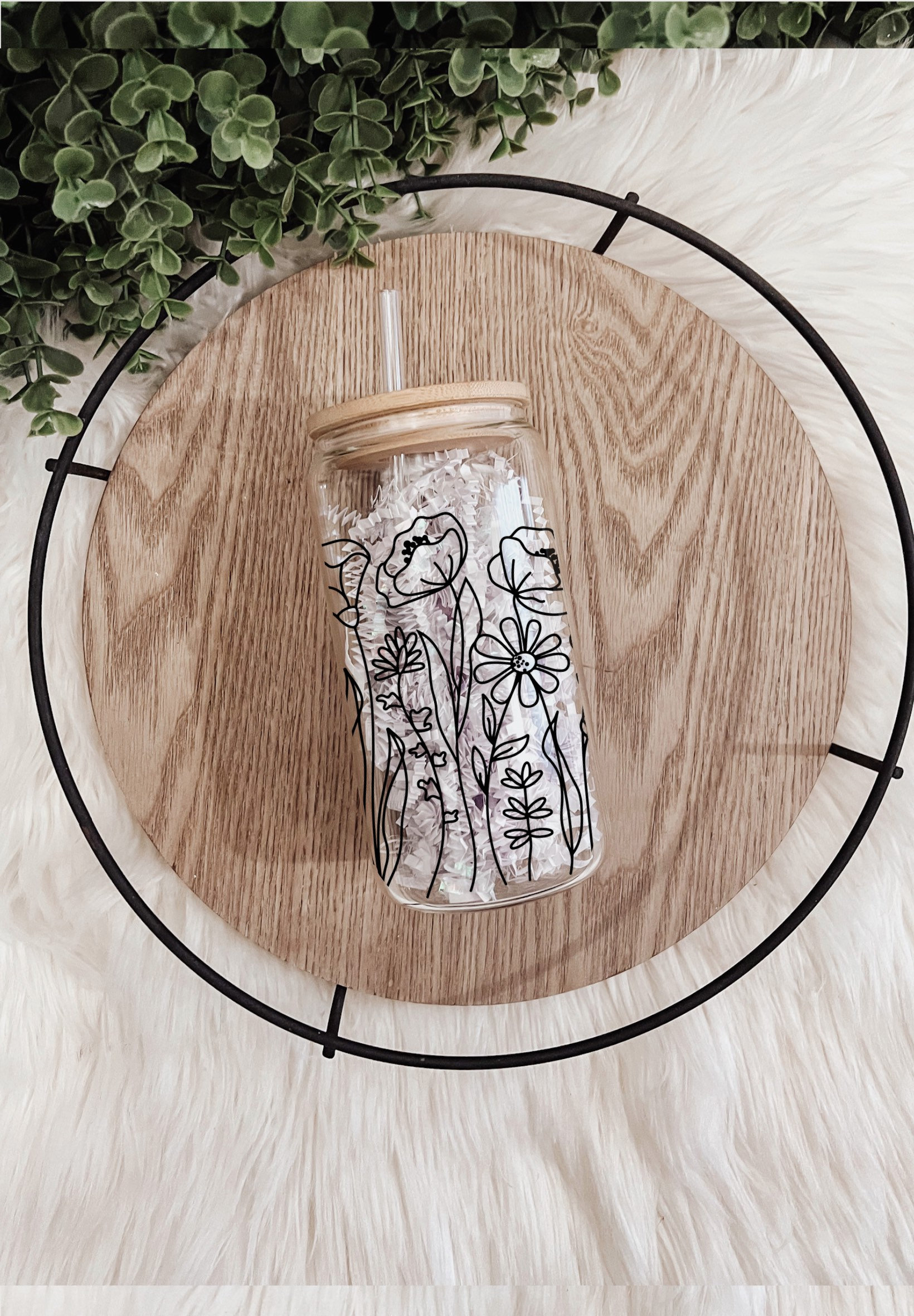 Wildflower Iced Coffee Cup, Smoothie Cup, Soda Can Glass, Cup for Iced Coffee, Cold Drink Cup, Reusable Plastic Straw and Bamboo Lid,