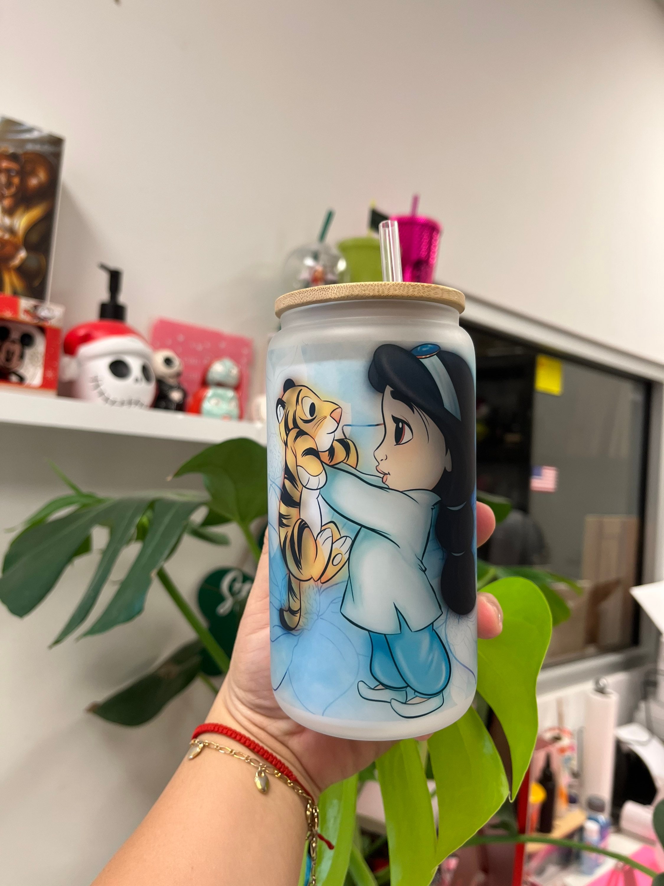 Baby Jasmine frosted glass can, Custom frosted glass can, princesses glass can