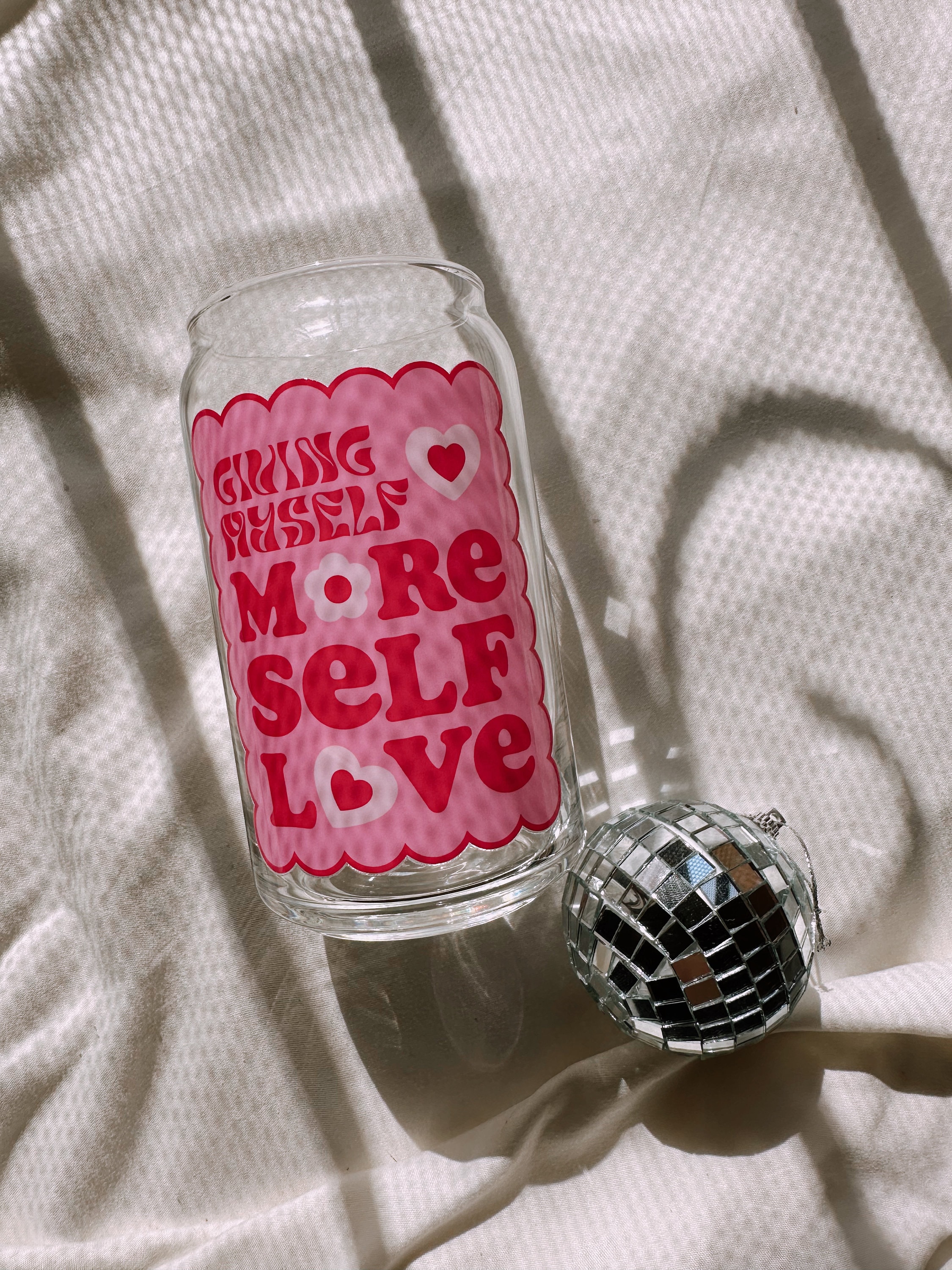 Giving Myself More Self Love Glass Cup, Valentines Glass Cup, Groovy Glass Cup, Love Glass Cup, Retro Glass Cup, Trendy Glass Cup