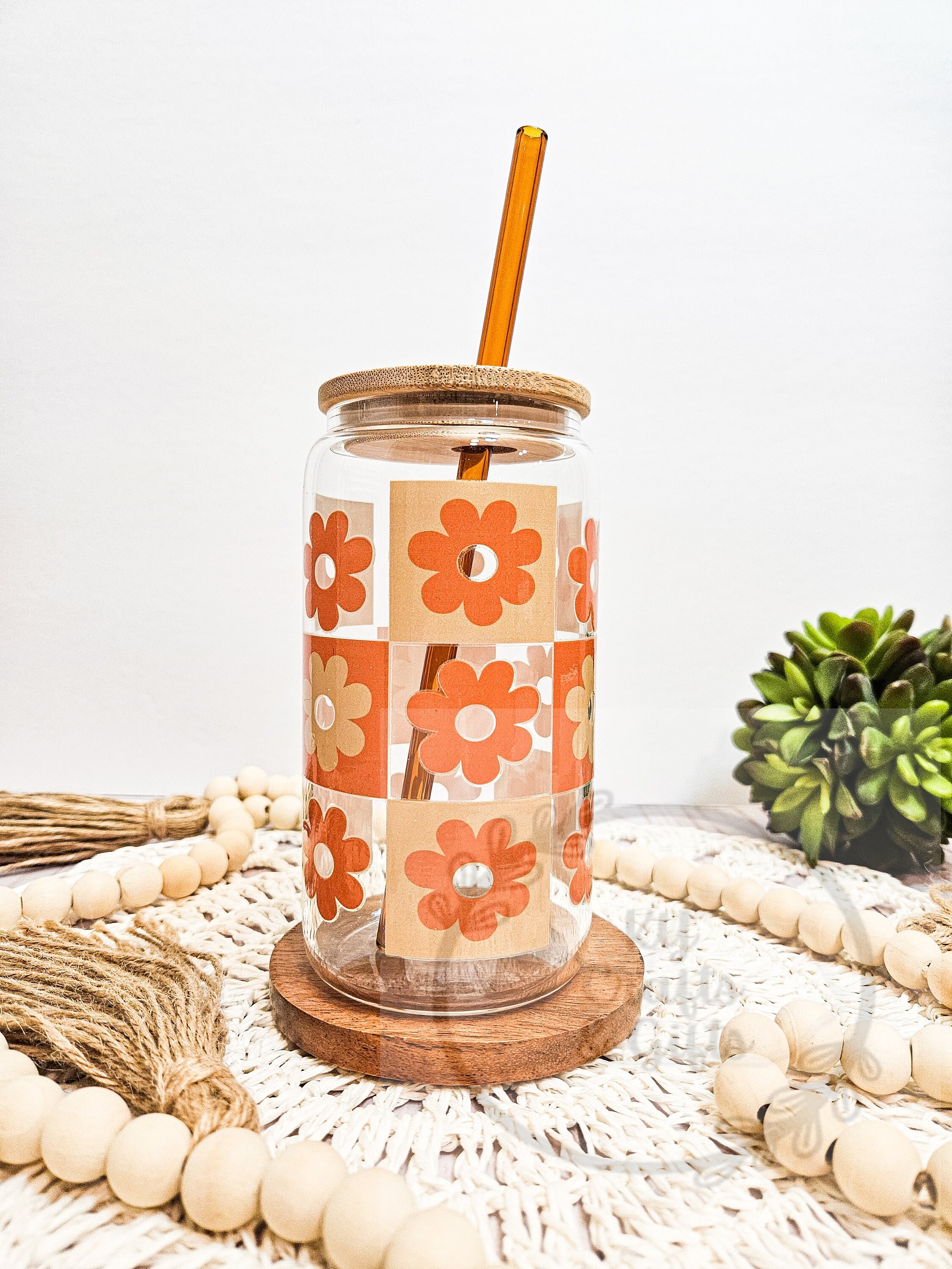 Retro Daisy Glass Cup, Beer Can Glass With Lid and Straw, Checkered Glass Cup, Orange Daisy Iced Coffee Cup, Bridesmaid Gift, Aesthetic Cup