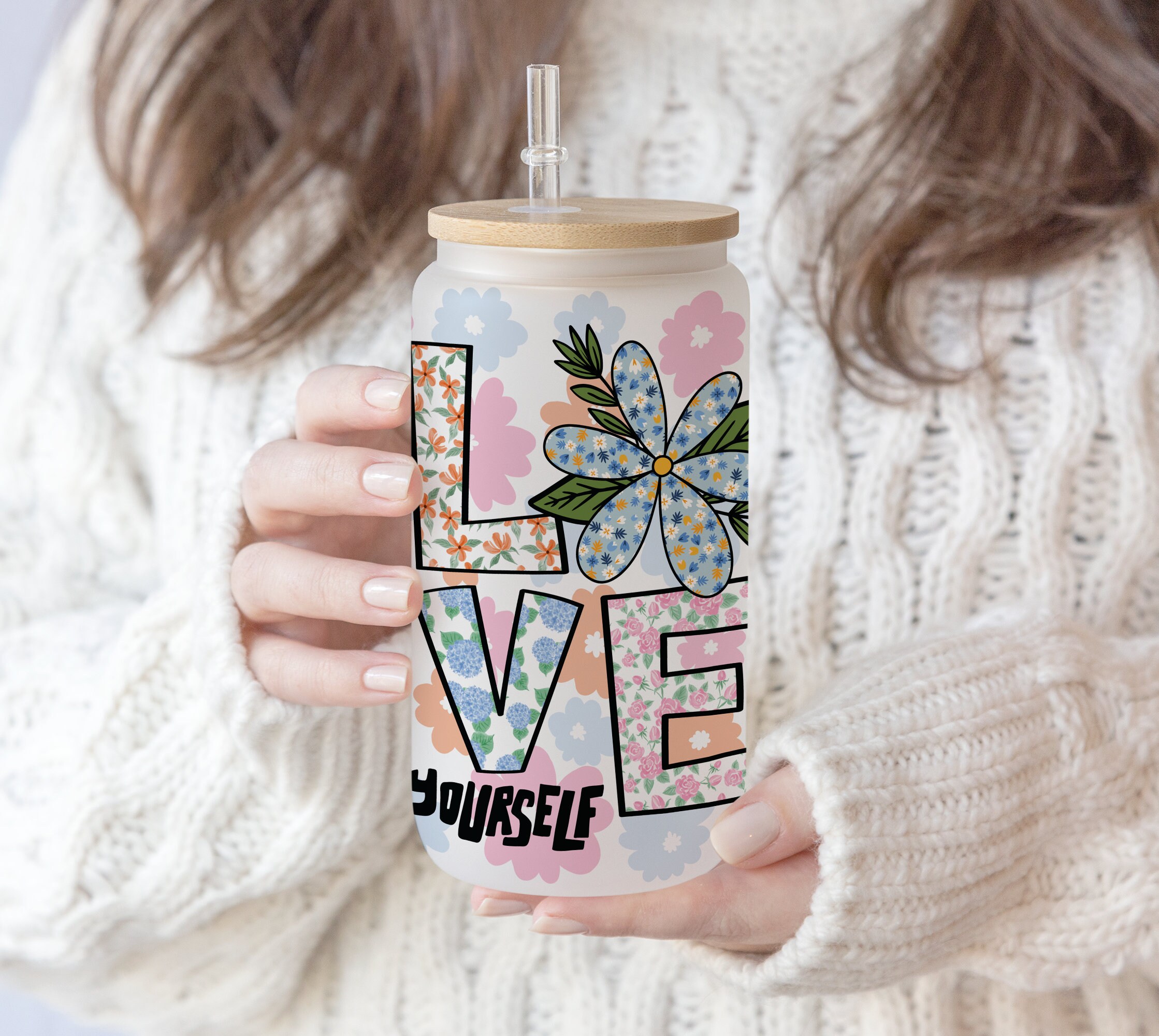 16 oz Libbey Glass Sublimation Love Jesus Flower | Biblical Glass can Design | Bible Christian Groovy Smiley Design | Bible Quote PNG file