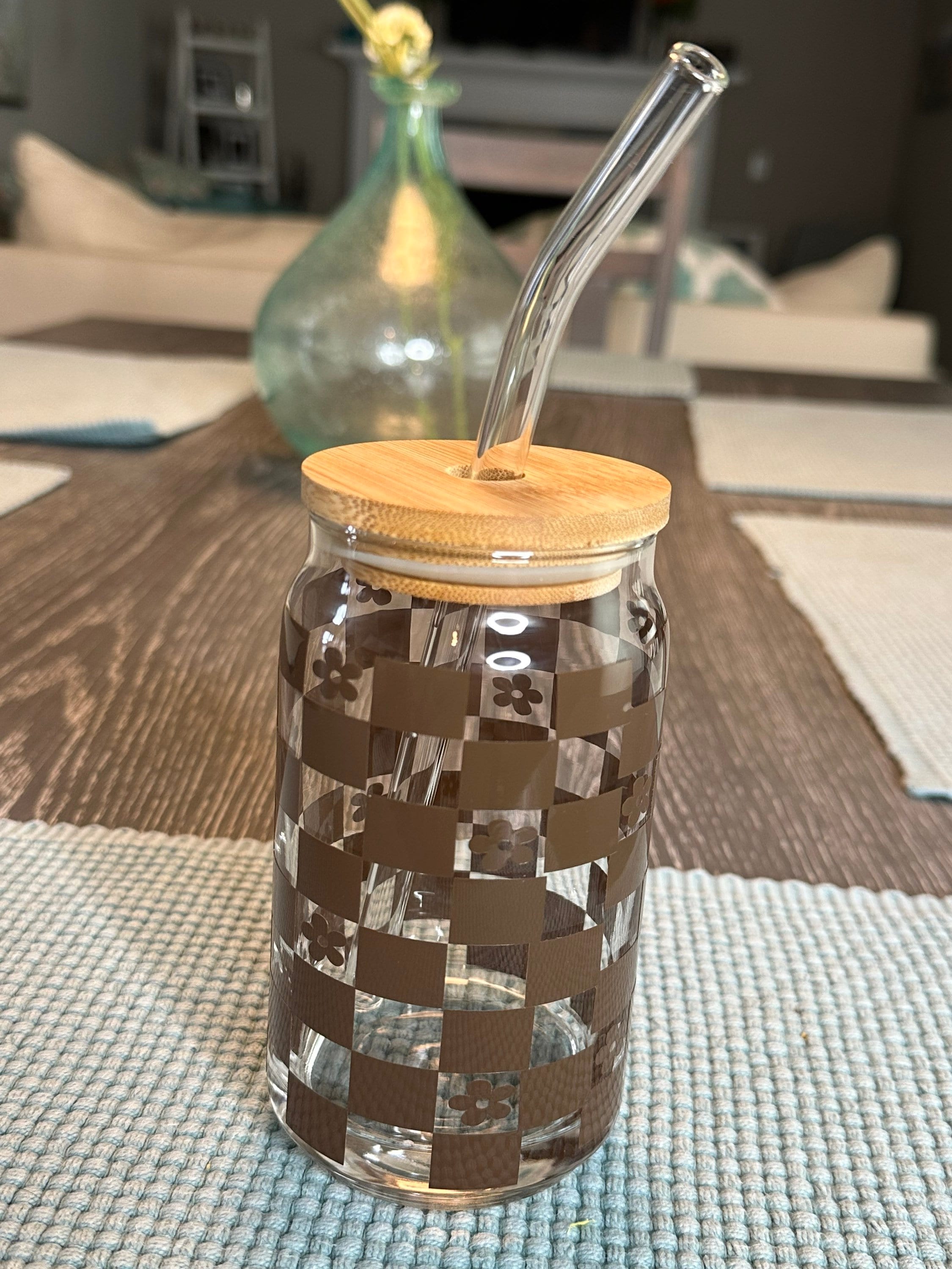 Brown Checkered Flower Soda Can Glass