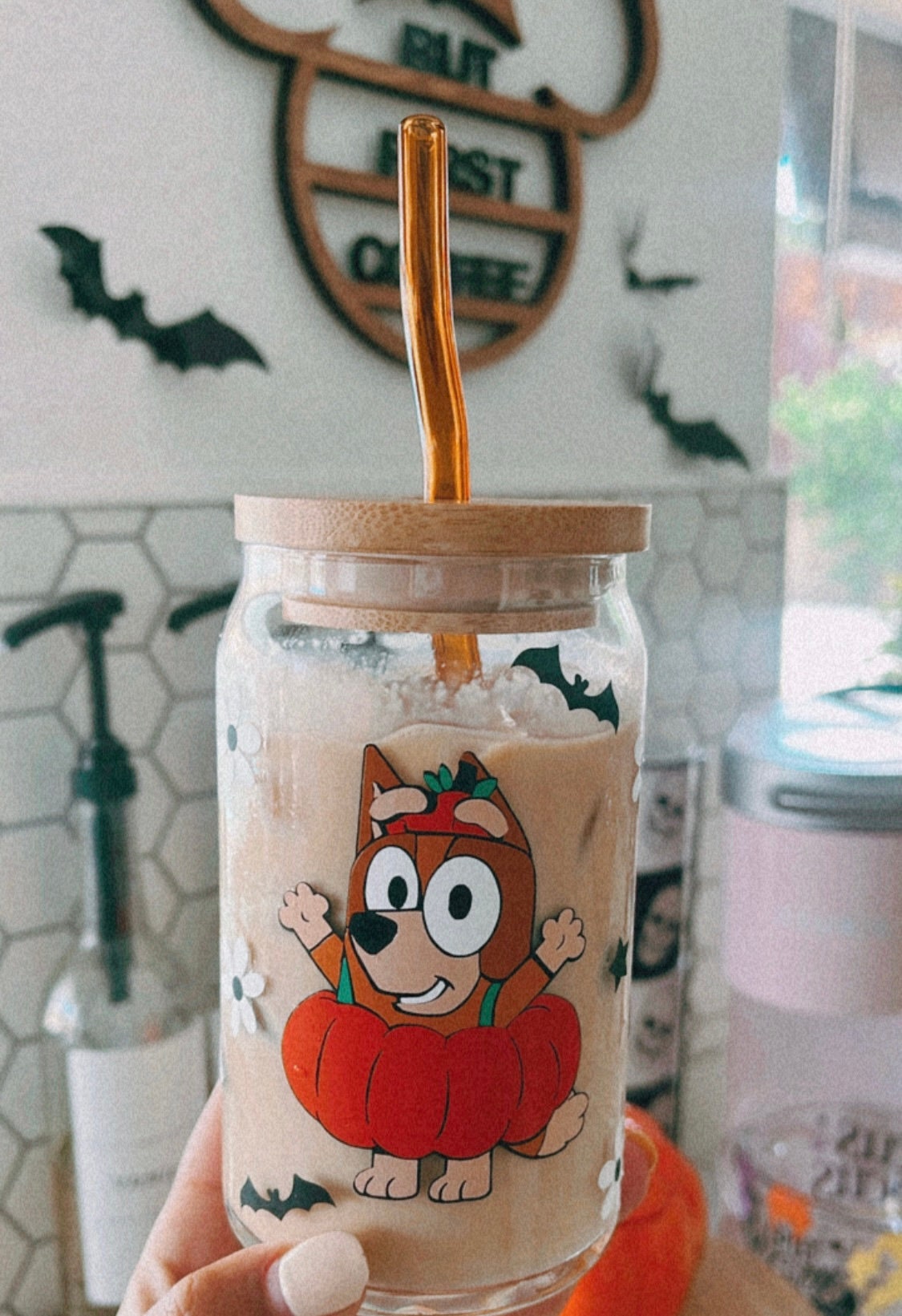 Halloween Bluey| Bluey Glass| Halloween glass with lid| Spooky Glass cup