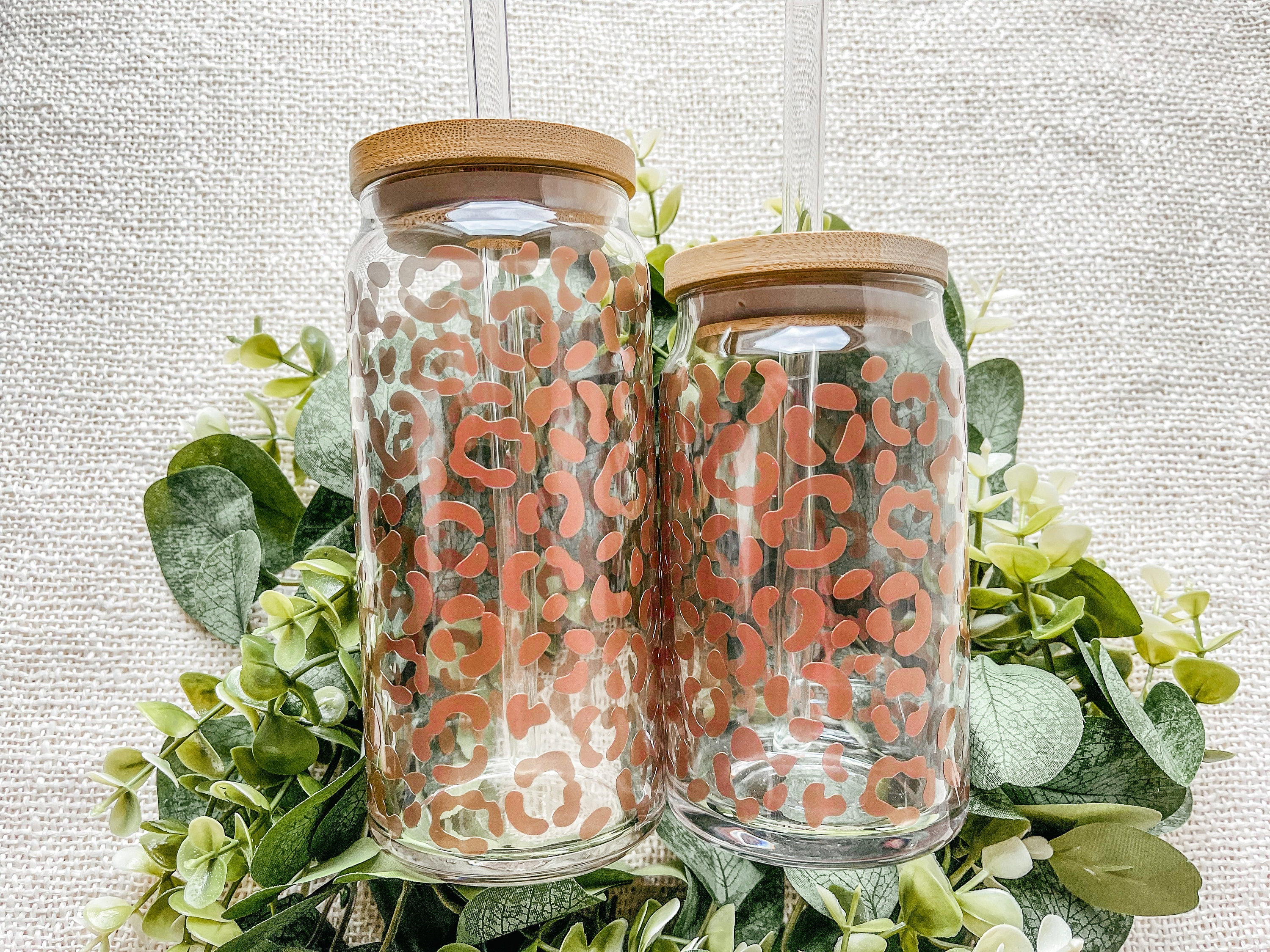 Leopard Glass Can, Cheetah Glass Can, Beer Can Glass, Iced Coffee Glass, Bamboo Lid, Boho Glass Can, Aesthetic Glass Can, Eco-Friendly Glass