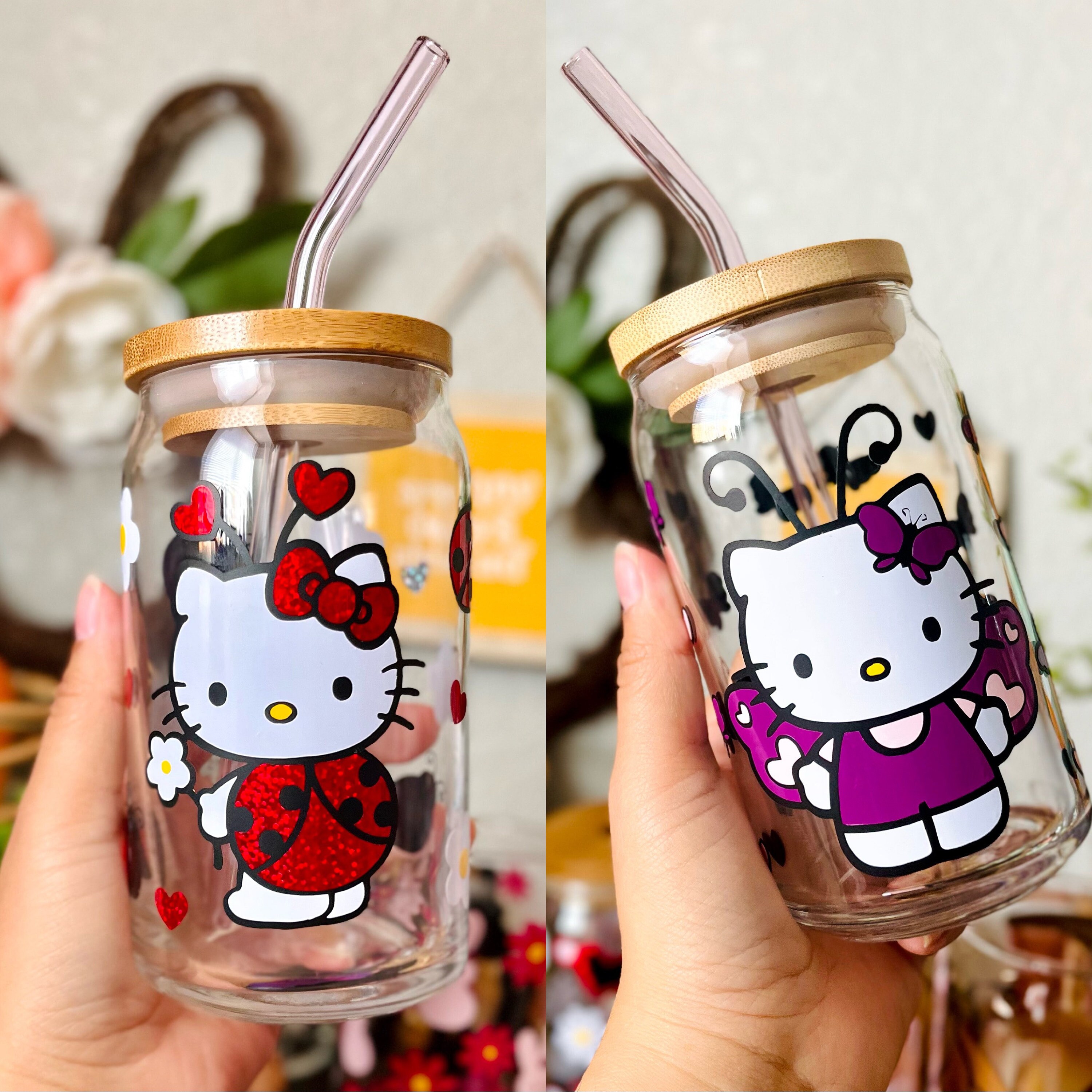 Butterfly Lady Bug Kitty 16 oz Beer Can Glass | Spring Cup | Self Love | Iced Coffee | Smoothie | Boho | Gift | Mom | Flowers | Kawaii Cat