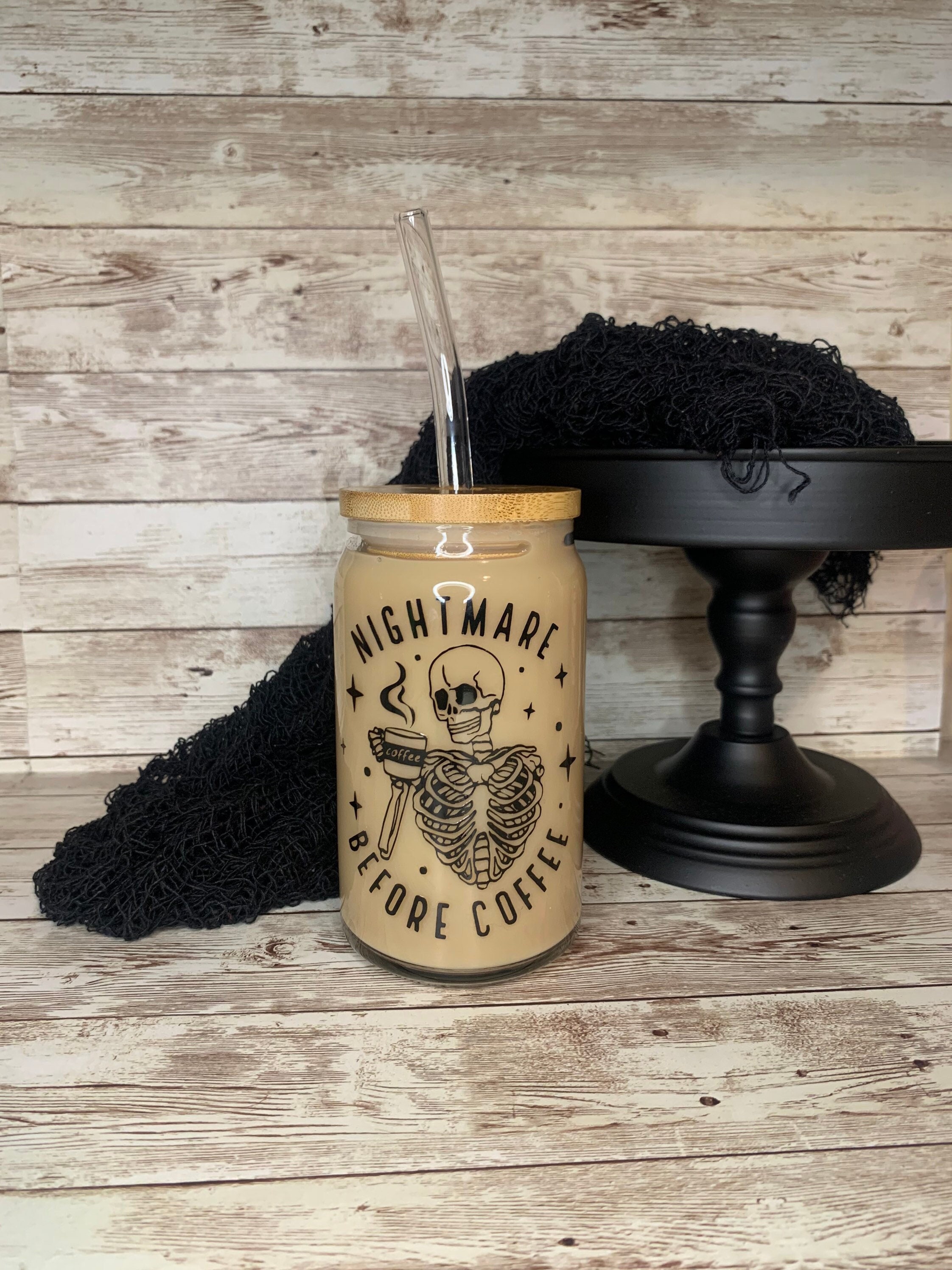 Nightmare before coffee beer Can Glass / Skeleton Glass / Iced Coffee Cup / Gift for Her / Spooky Season Glass / Cup with Bamboo Lid