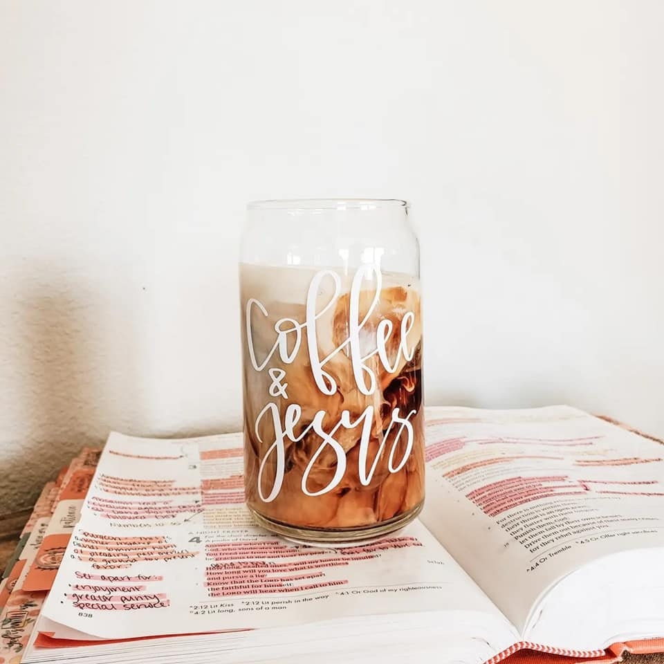 Coffee & Jesus Glass Cup | Libby Beer Glass | Glass Cup with Bamboo Lid | Iced Coffee Glass with Straw