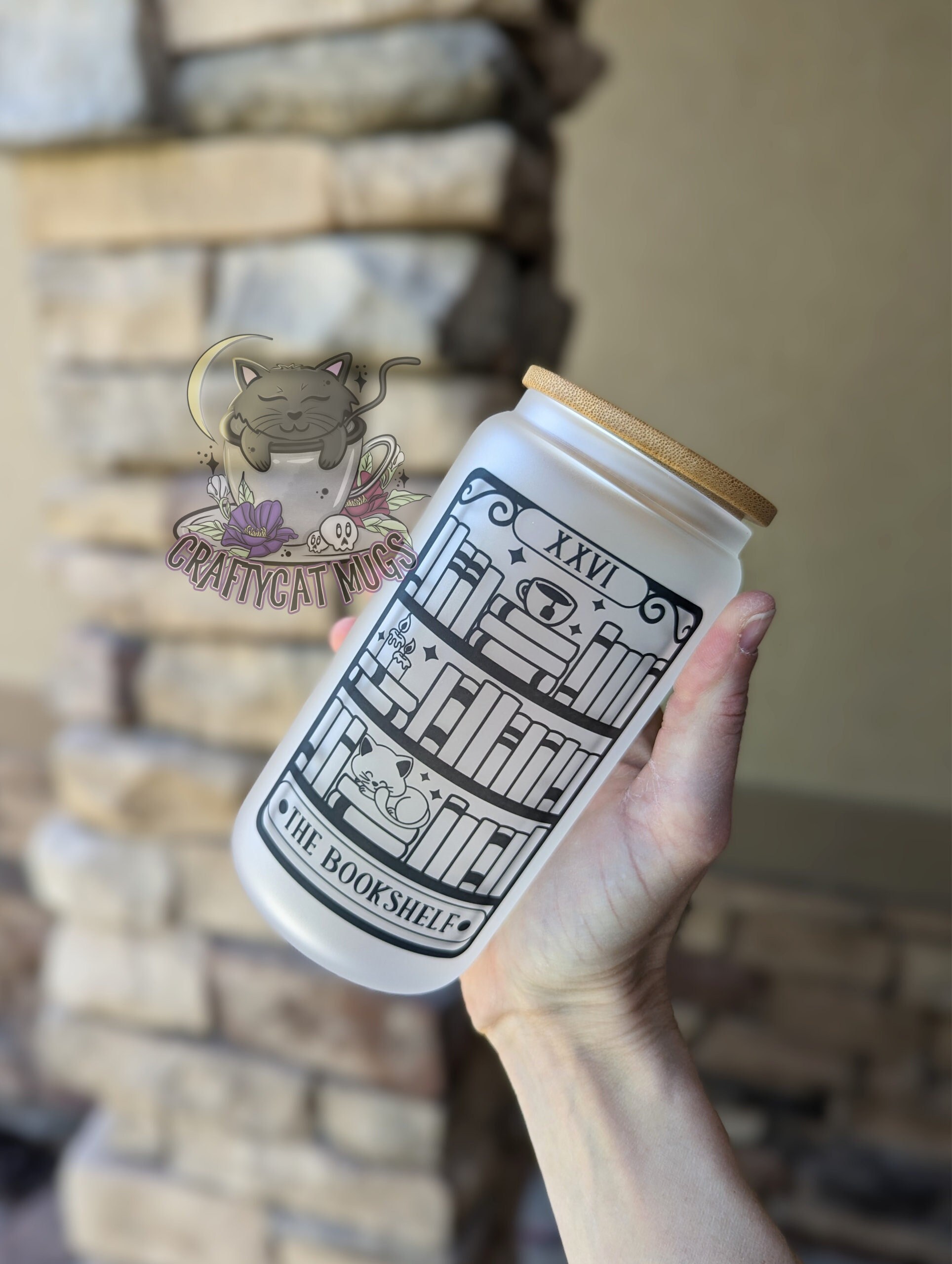 The Bookshelf Tarot Card Glass Can | Iced Coffee Cup | Witchy Gifts | Bookish Glass | Reader Cup