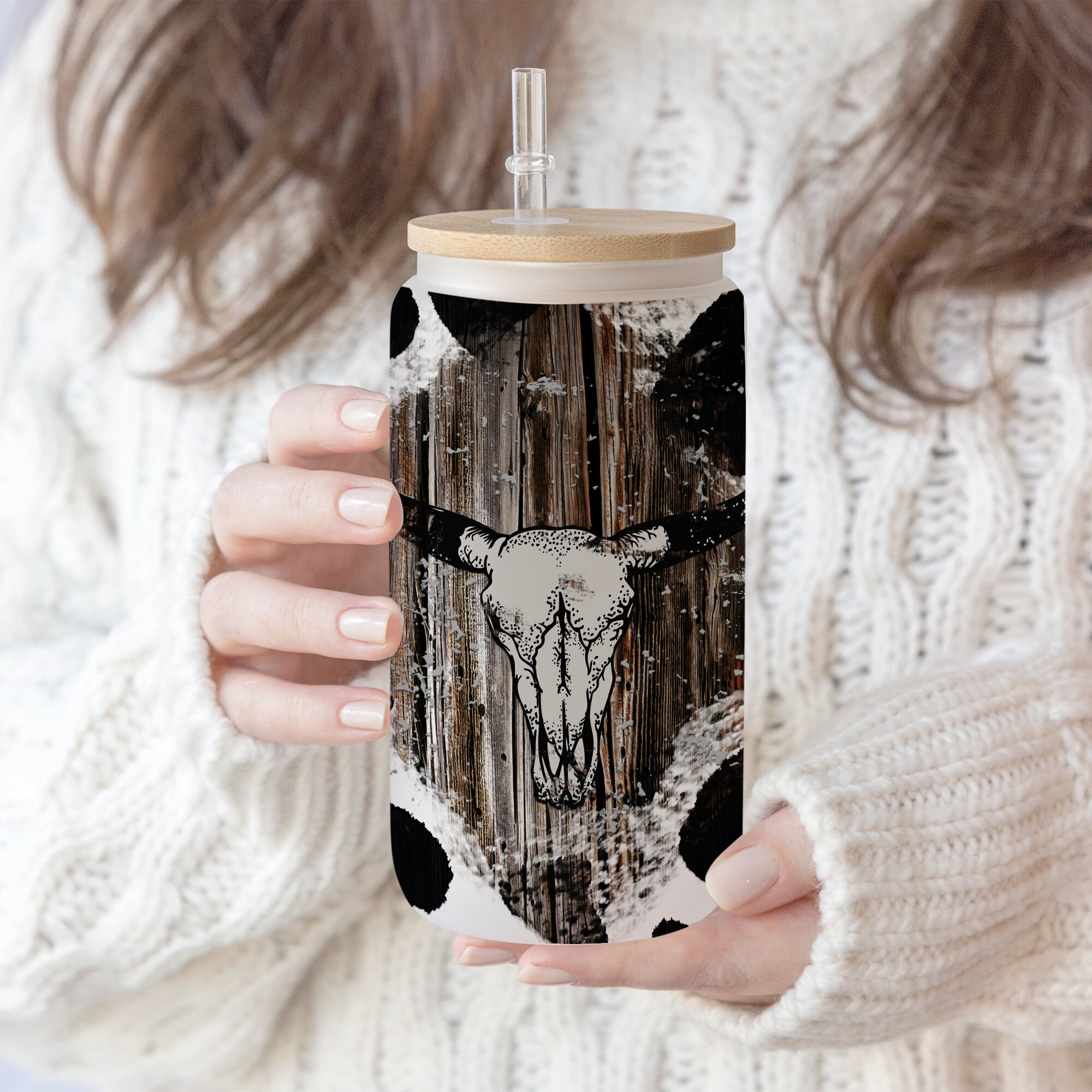 16 oz Libbey Glass Can Tumbler Sublimation Design Boho vintage Western Cow print, Boho 16 oz Waterslide digital png wrap template design