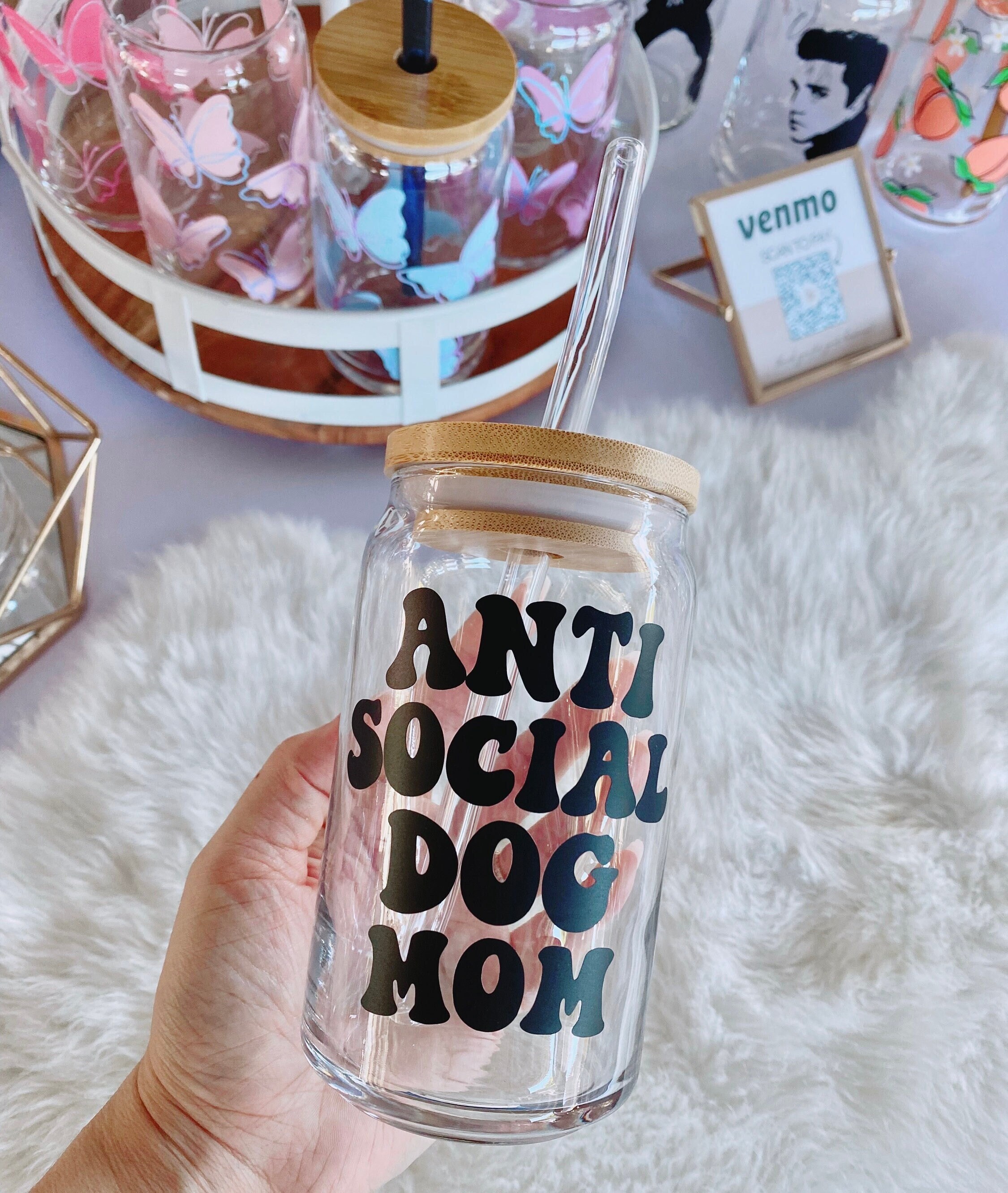 Anti Social Dog Mom Beer Can Glass, Dog Mama Iced Coffee Glass, Dog Lover Gift, Funny Dog Mom Cup, Bamboo Lid, Dog Lover Christmas Gift