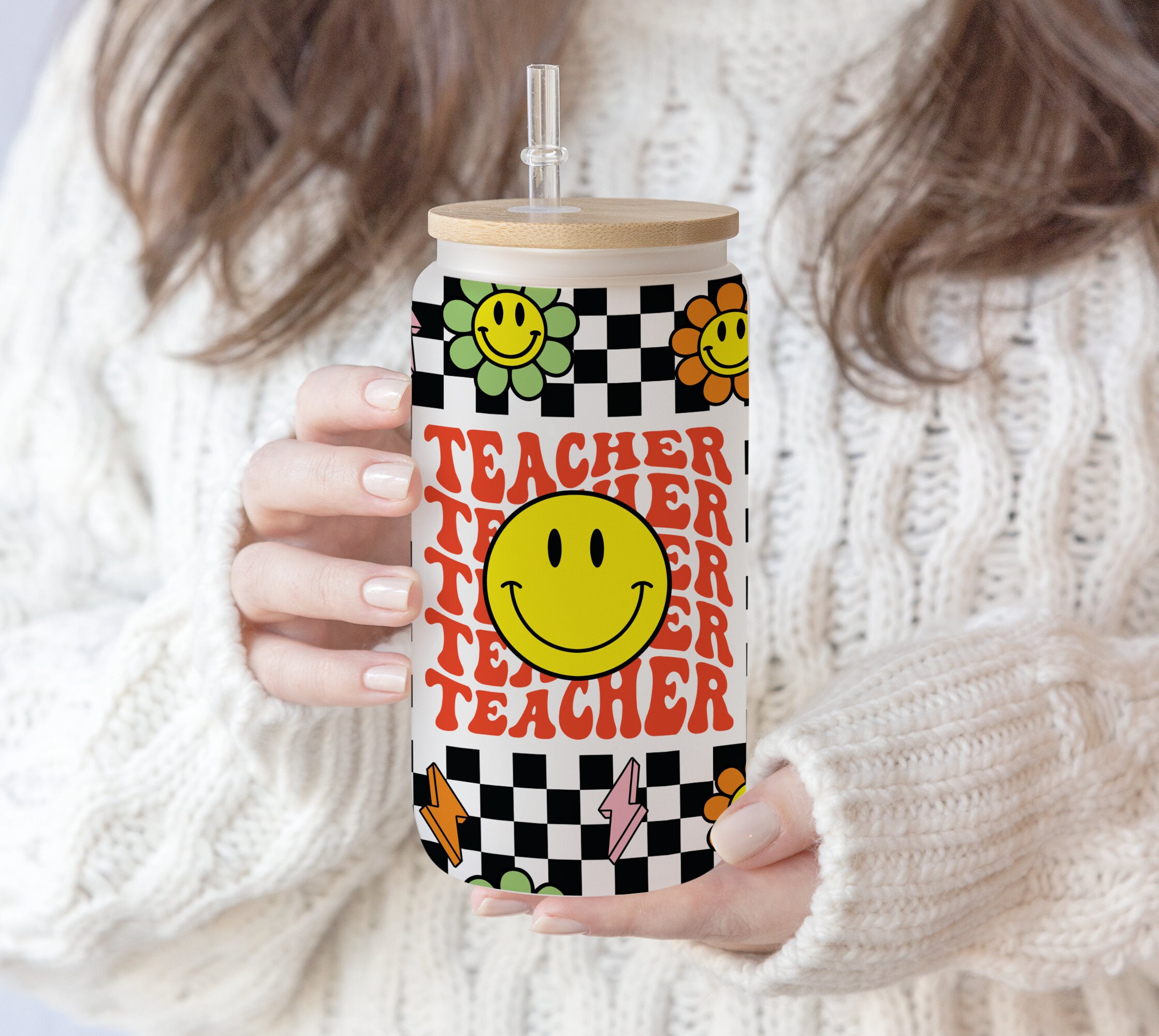 16 oz Libbey Glass Can Tumbler Sublimation Boho Teacher Smiley Groovy | Flower Groovy Checkered Coffee | Lightning Teacher Gift for mom PNG