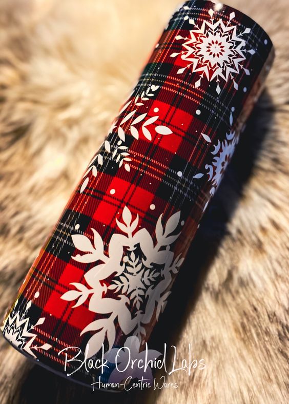 Christmas Plaid Print Printed Tumbler, Snowflake Tartan Print Travel Mug, Holiday Festive Print Tumbler