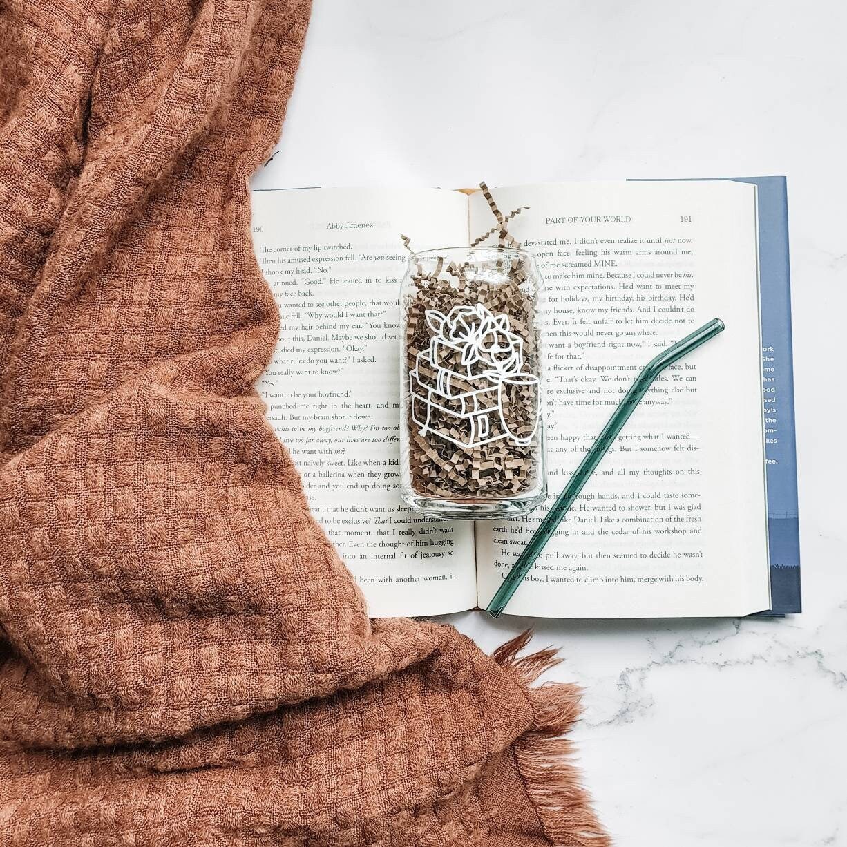 Book Flowers and Coffee Cup | Floral Book Glass Cup | Beer Can Glass | Glass Cup w Bamboo Lid | Iced Coffee Glass w Straw