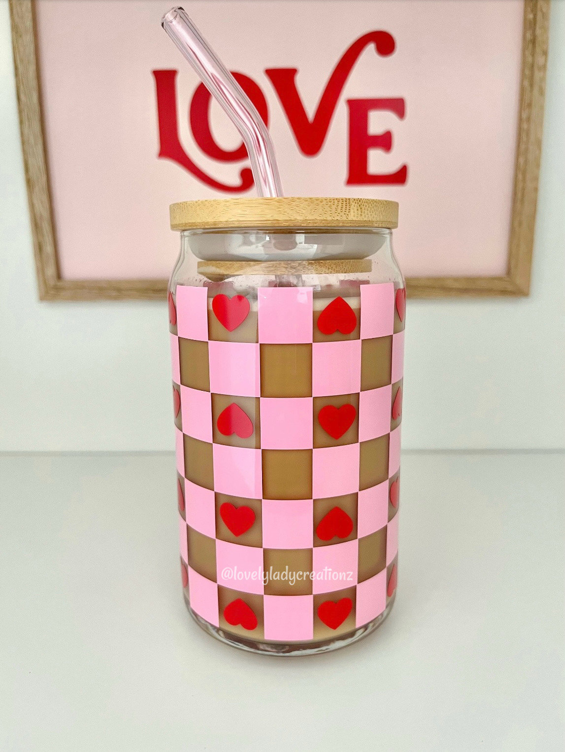 Checkered Hearts Glass Cup / Valentines Glass Cup / Iced Coffee Glass / Hearts Glass Cup / Cute Coffee Cup / Valentines Gift / Gifts for Her