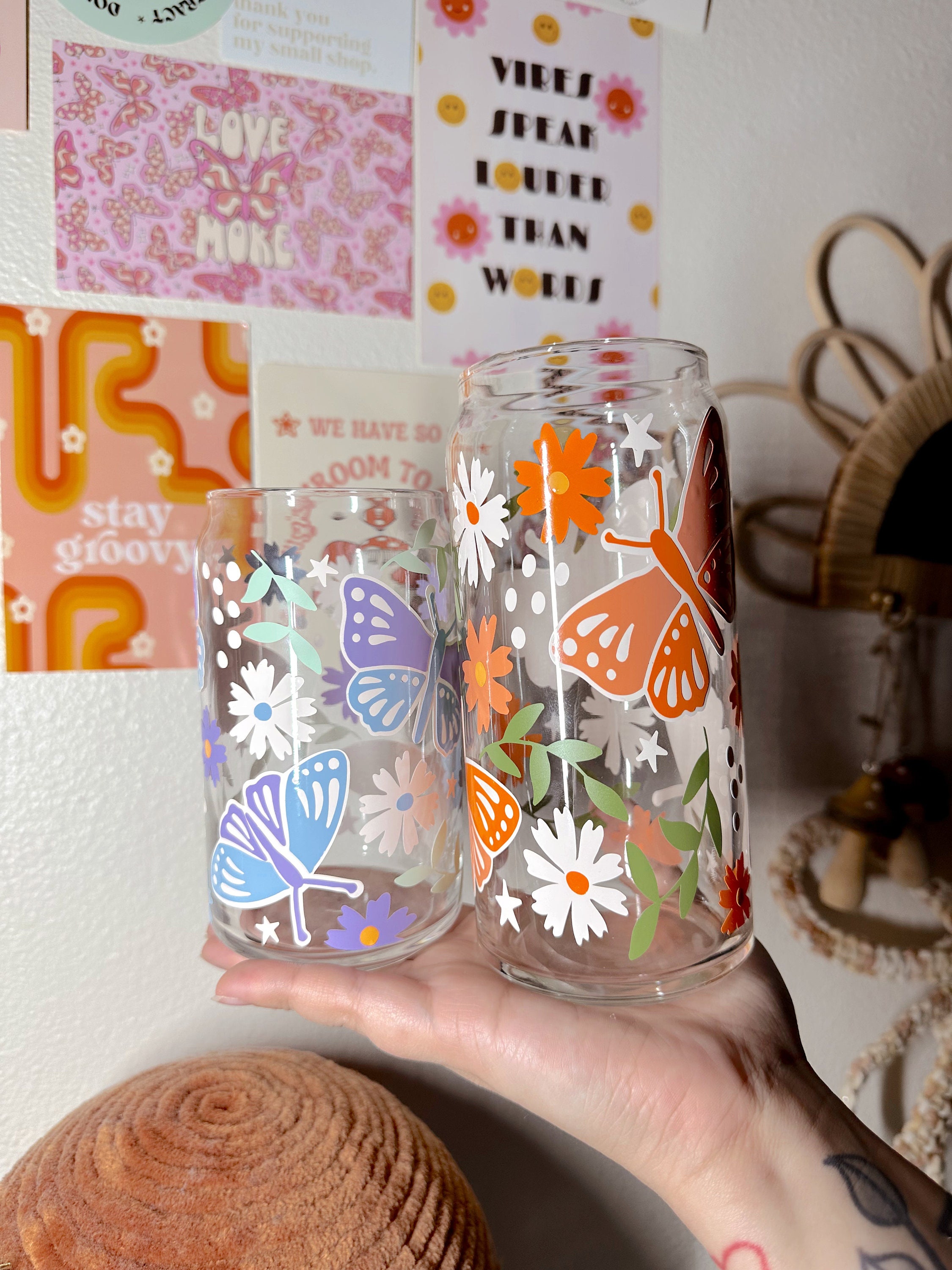 Butterfly Garden Glass Cup, Spring Glass Cup, Butterflies Glass Cup, Trendy Glass Cup, Cute Glass Cup