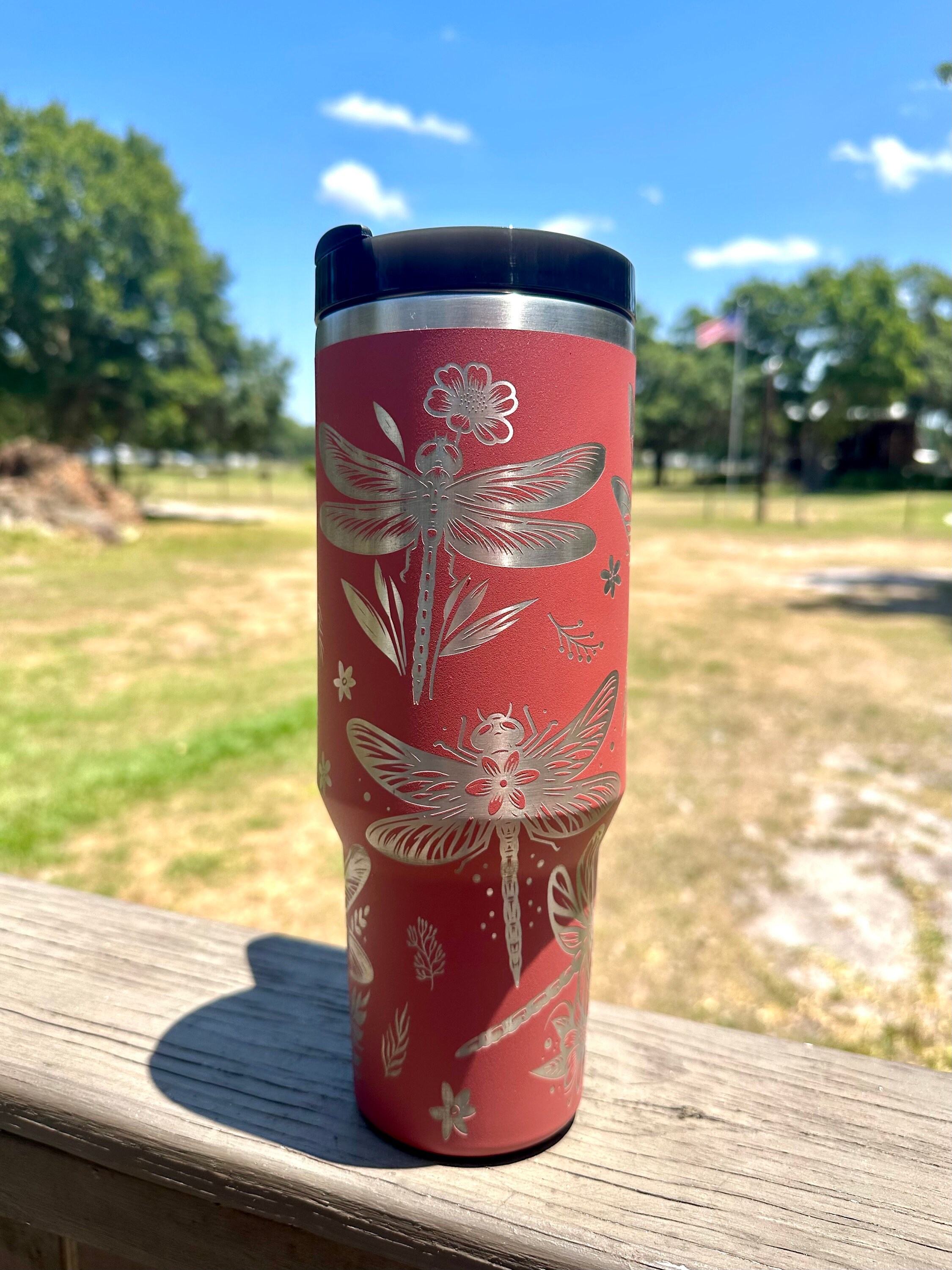 Dragonfly | Flower 40 oz Stainless Steel Insulated Tumbler with Handle, Laser Engraved tumbler