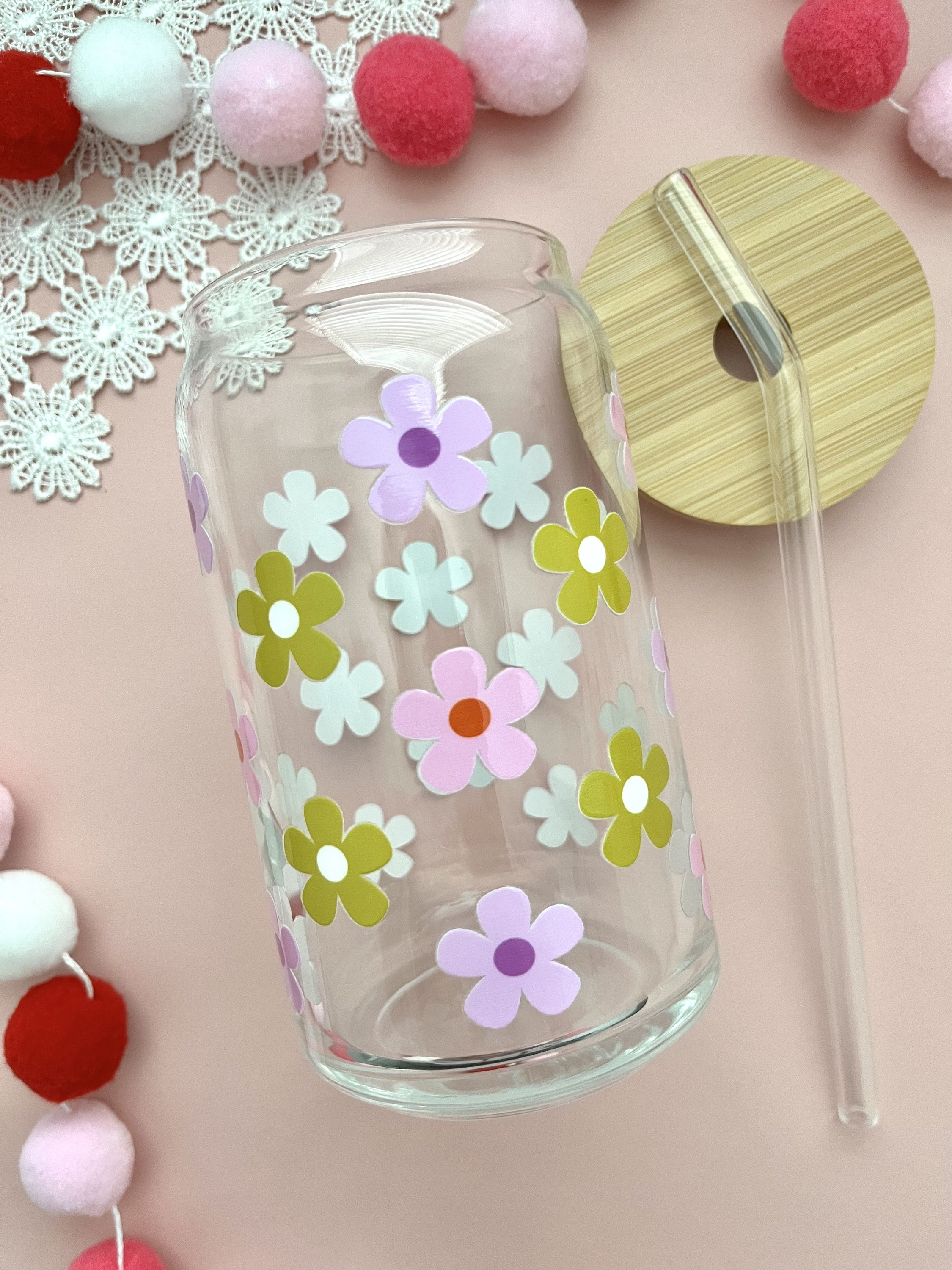 Daisies Glass Cup / Floral Glass Cup / Iced Coffee Glass / Cute Coffee Cup / Valentines Gift / Gifts for Her