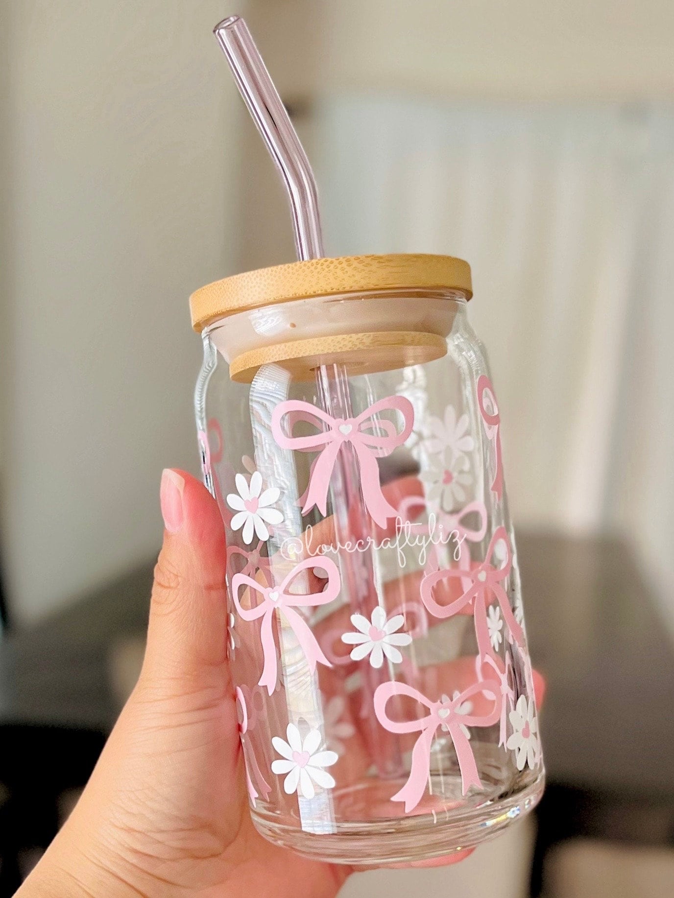 Coquette Bows Floral Daisies 16 oz Beer Can Glass | Spring Cup | Self Love | Iced Coffee | Smoothie | Boho | Gift |Easter Flowers |Pastel