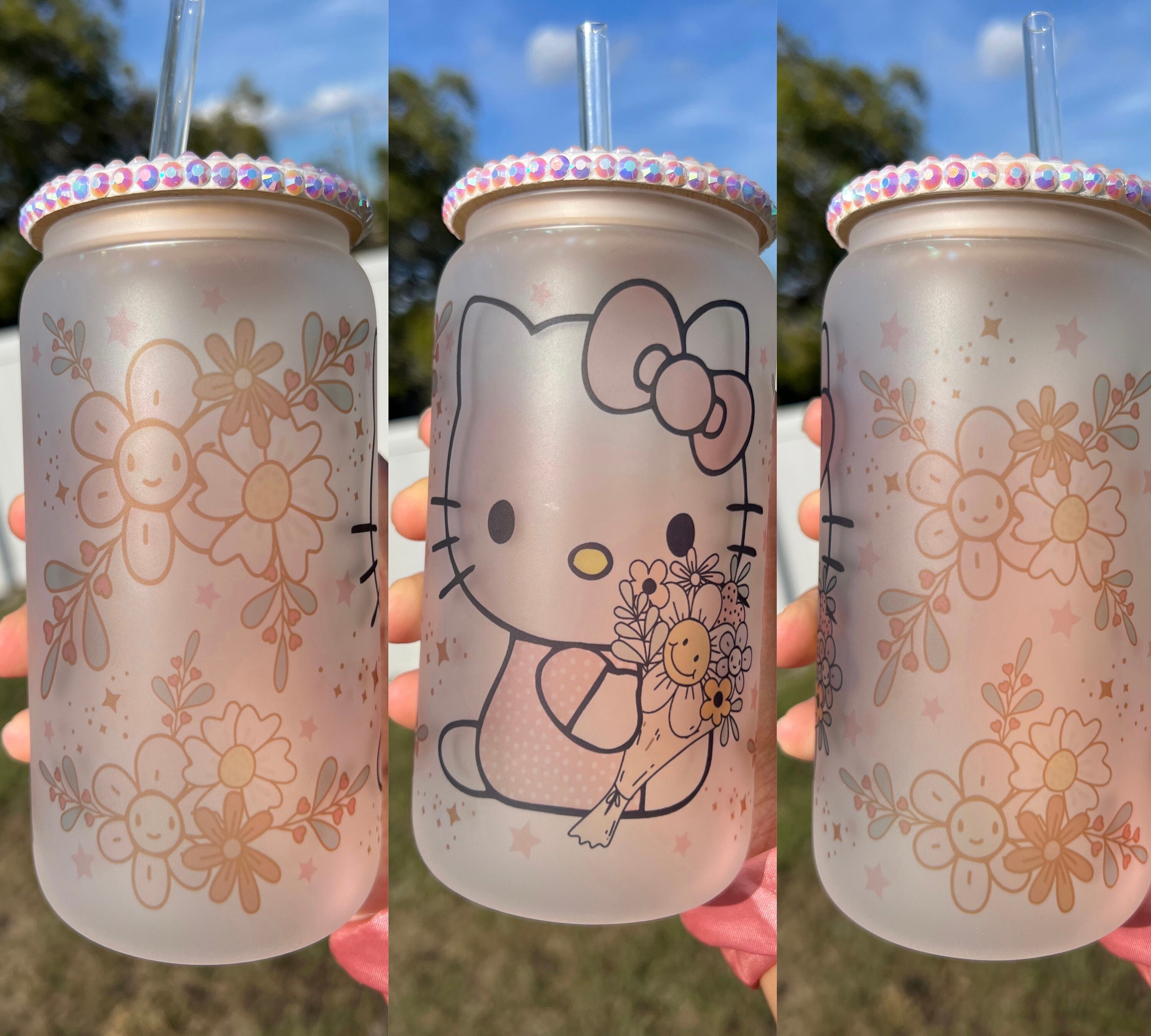 Cute Boho Kawaii Kitty Spring Flower 16 Oz Frosted Beer Can Glass Cup, Cute Kawaii Cups, Cute Boho Aesthetic Cups, Cute Spring Flower Cups