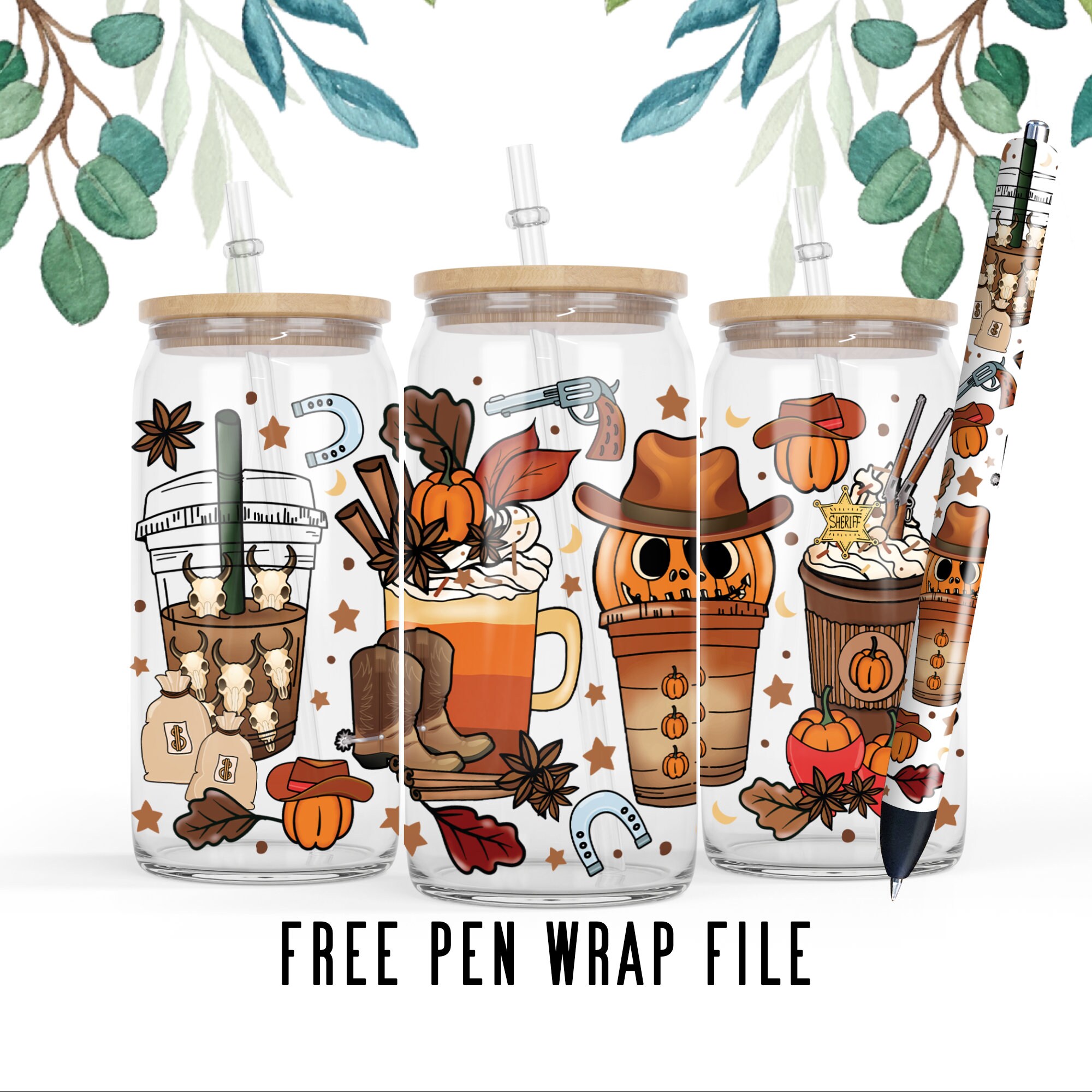 2 Files 16 oz Libbey Beer Glass Can Hand drawn Cowboys Western Fall Coffee Pumpkin spice latte iced warm cozy autumn pumpkin, pen wrap PNG