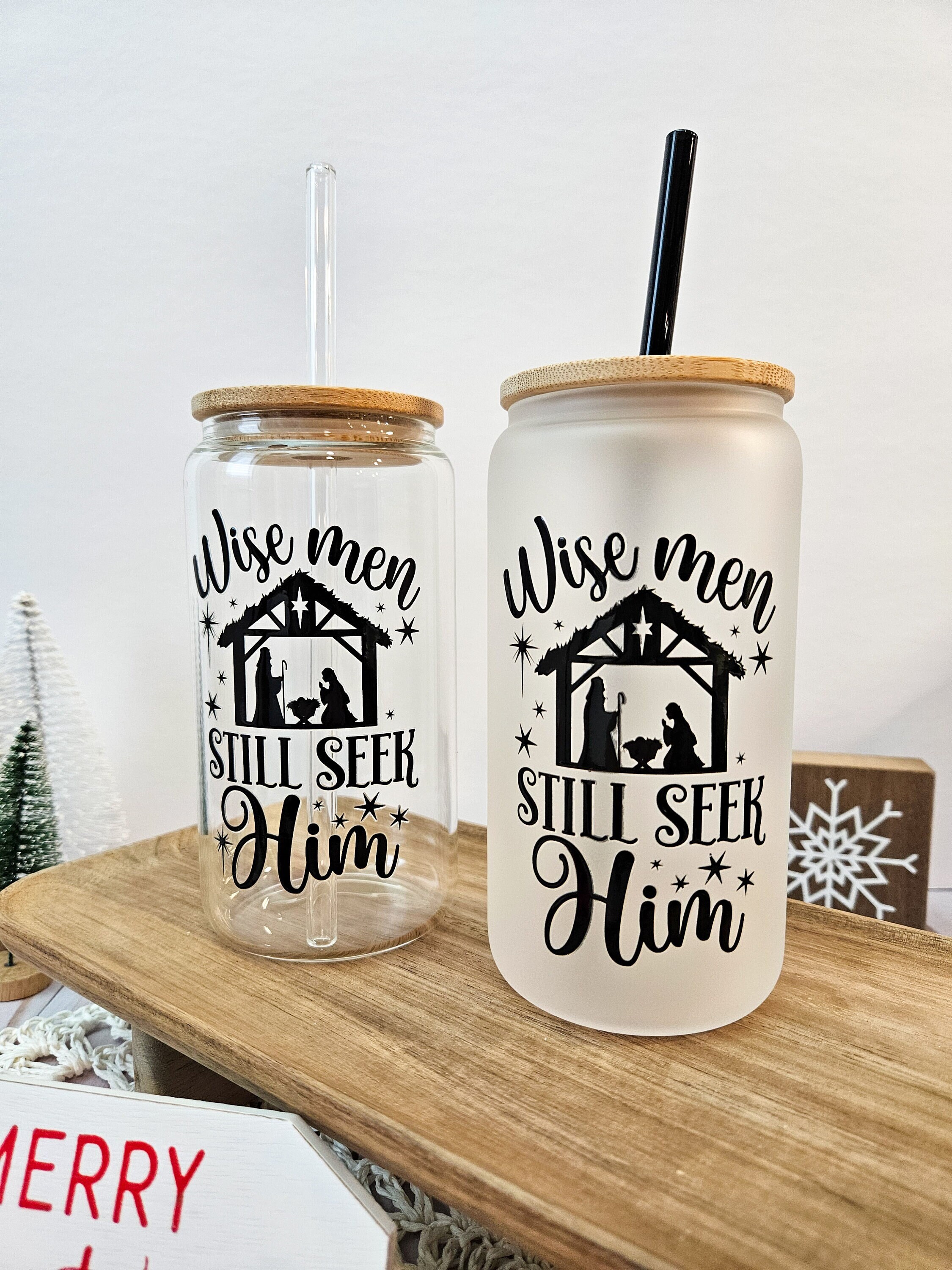 Christmas Glass Cup, Nativity Scene, Wise Men Still Seek Him, Christian Gifts for Women, Holiday Iced Coffee Glass Can with lid and Straw