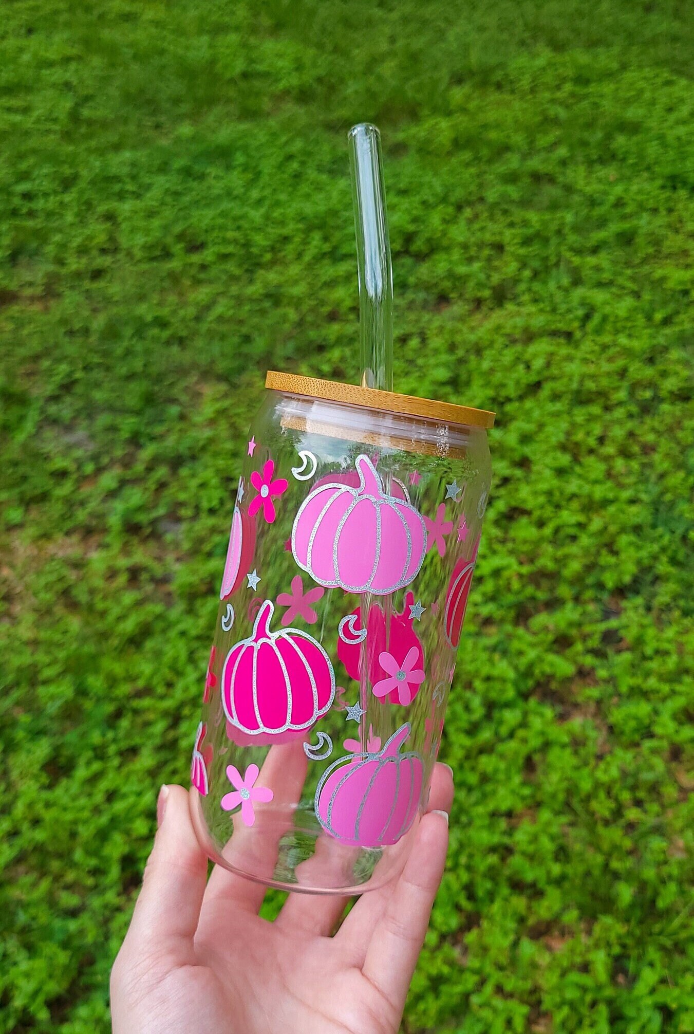 Pink Pumpkin Iced Coffee Glass Cup Fall Beer Can Glass Pumpkin Glass Can Fall Gift For Her Autumn Aesthetic Glass Tumbler Pumpkins