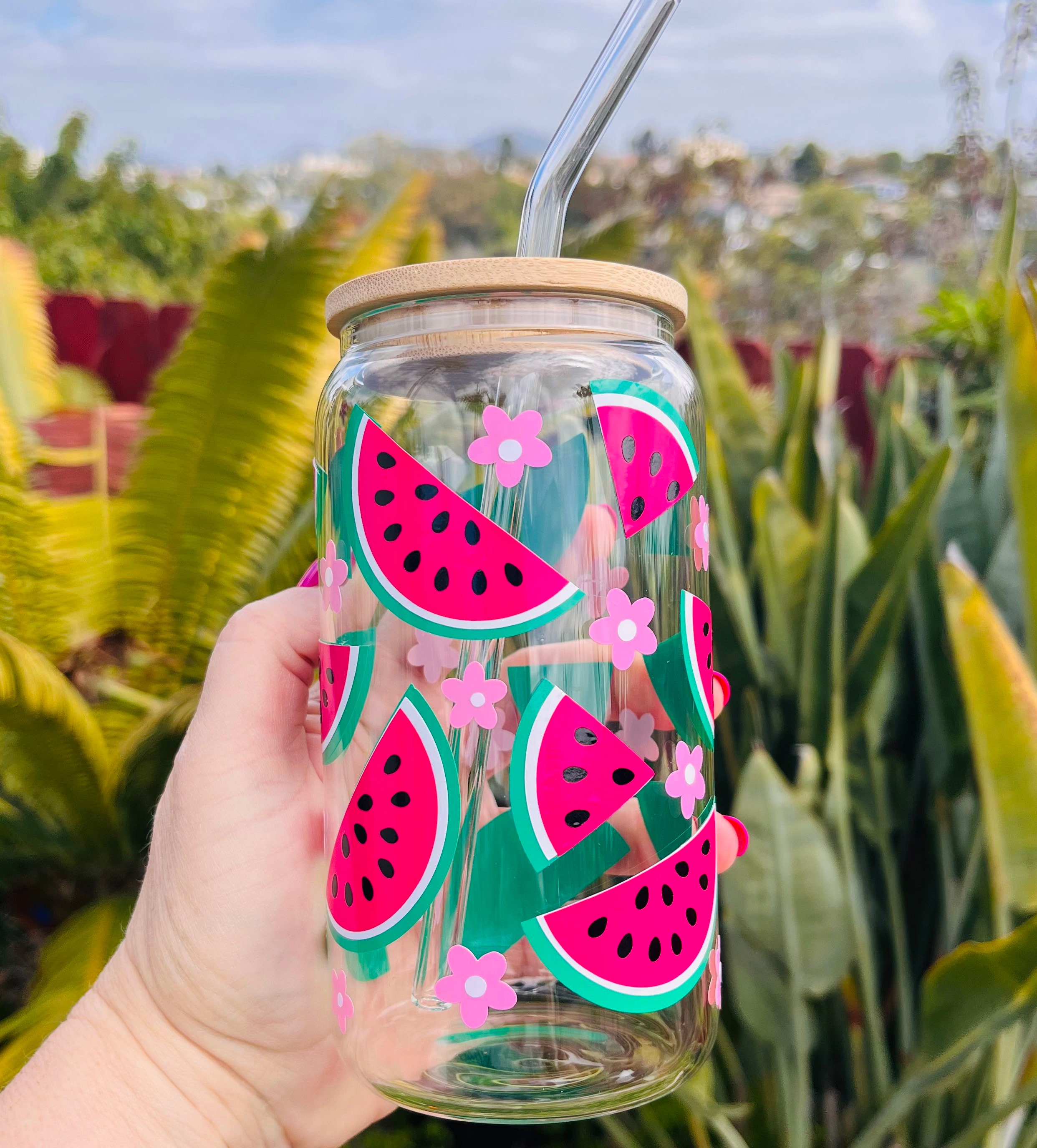 Watermelon Beer Can Glass, Watermelon Can Glass with Lid and Straw, Birthday Gift, Iced Coffee Cup, Home Decor, Gift For Her, Mother’s Day