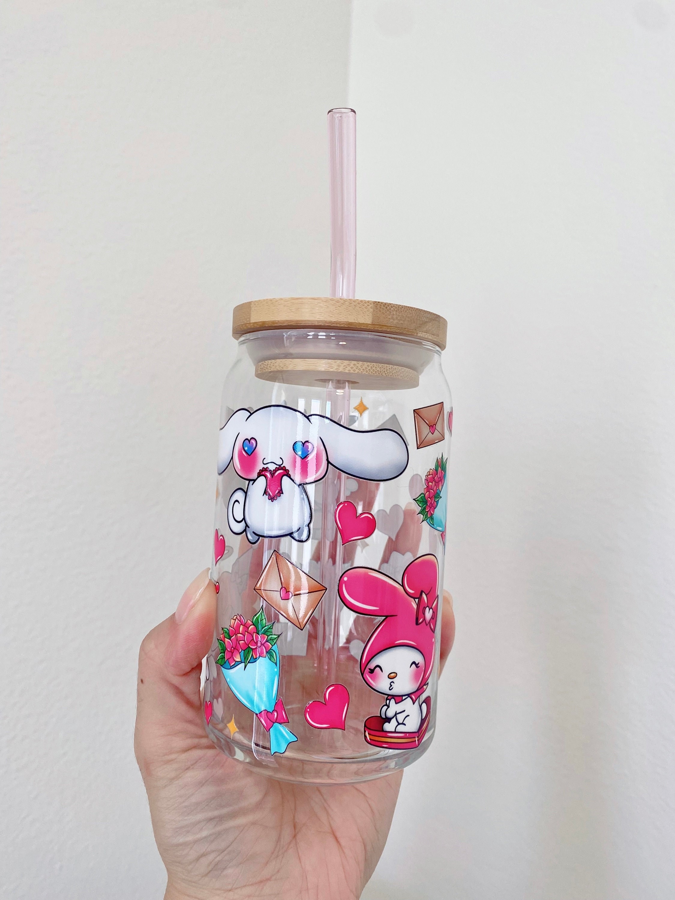 Kawaii Iced Coffee Glass, Valentines Day Beer Can Glass, Kitty & Friends Cup, Gift For Her, Kawaii Glass Cup, Kitty Angels, Galentines Gift