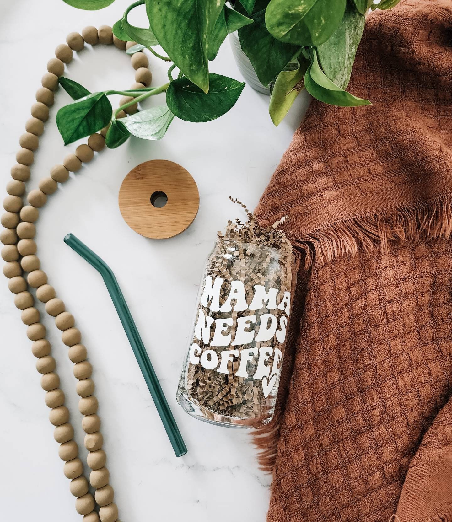 Mama Needs Coffee w/ Heart Cup | Mama Needs Coffee Glass Cup | Mama Glass Cup | Glass Cup w Bamboo Lid | Iced Coffee Glass w Straw