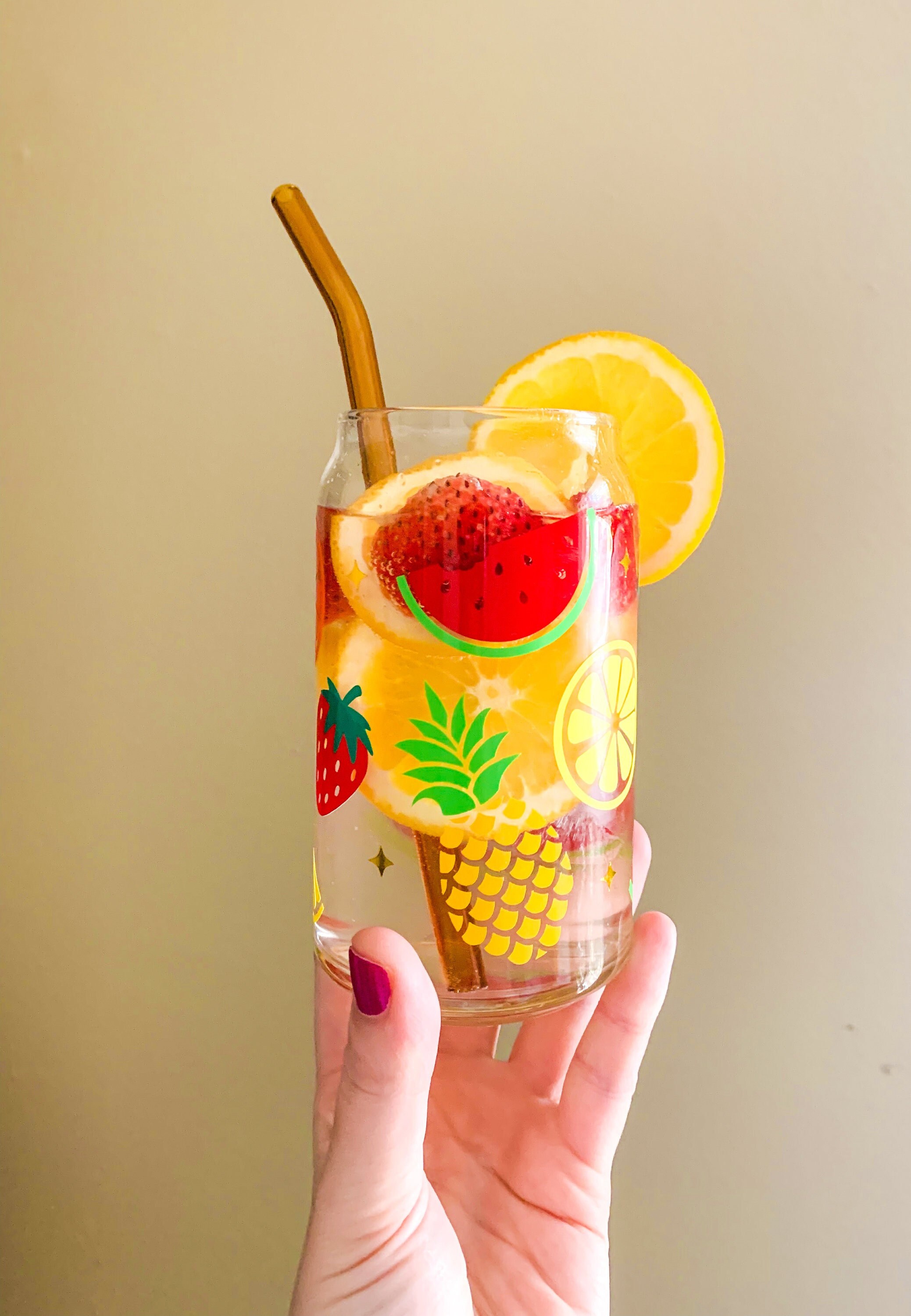 Fruit Salad Can Glass | Fruit Water Glass | Iced Coffee Glass | Cute Water Glass | Fruit Decor | Fruit Kitchen Decor | Cute Fruit Gift