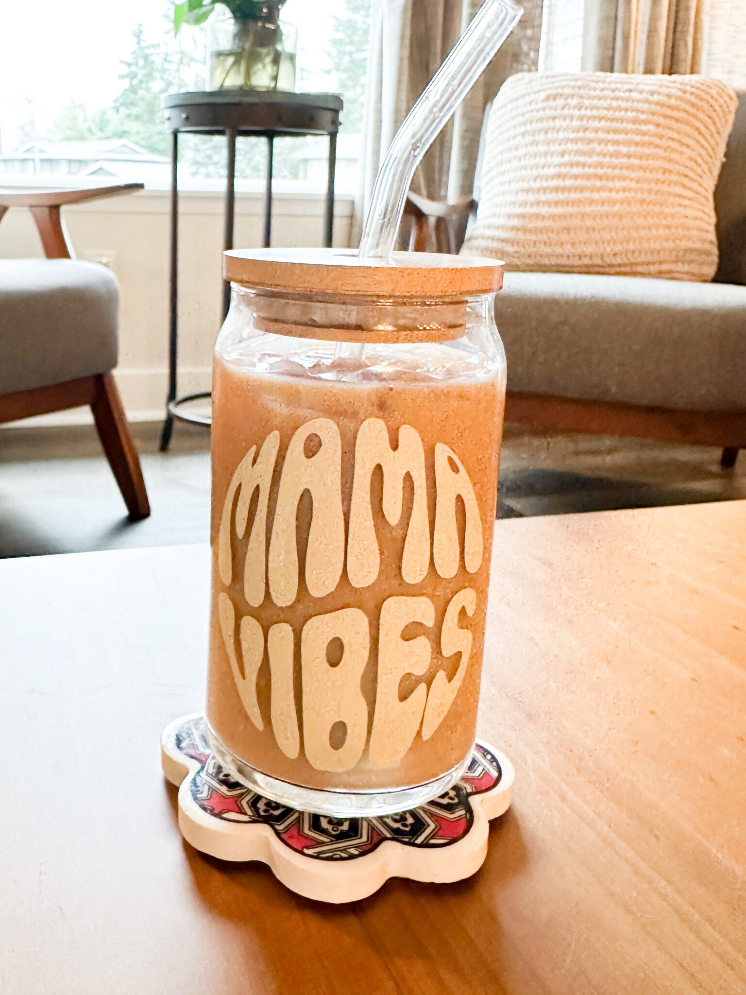 Mama Vibes Coffee Glass Cup, Iced Coffee Drink, Beer Glass Can, Iced Coffee Cup, Aesthetic Coffee Cup, Gift for Mom, Gift for Her