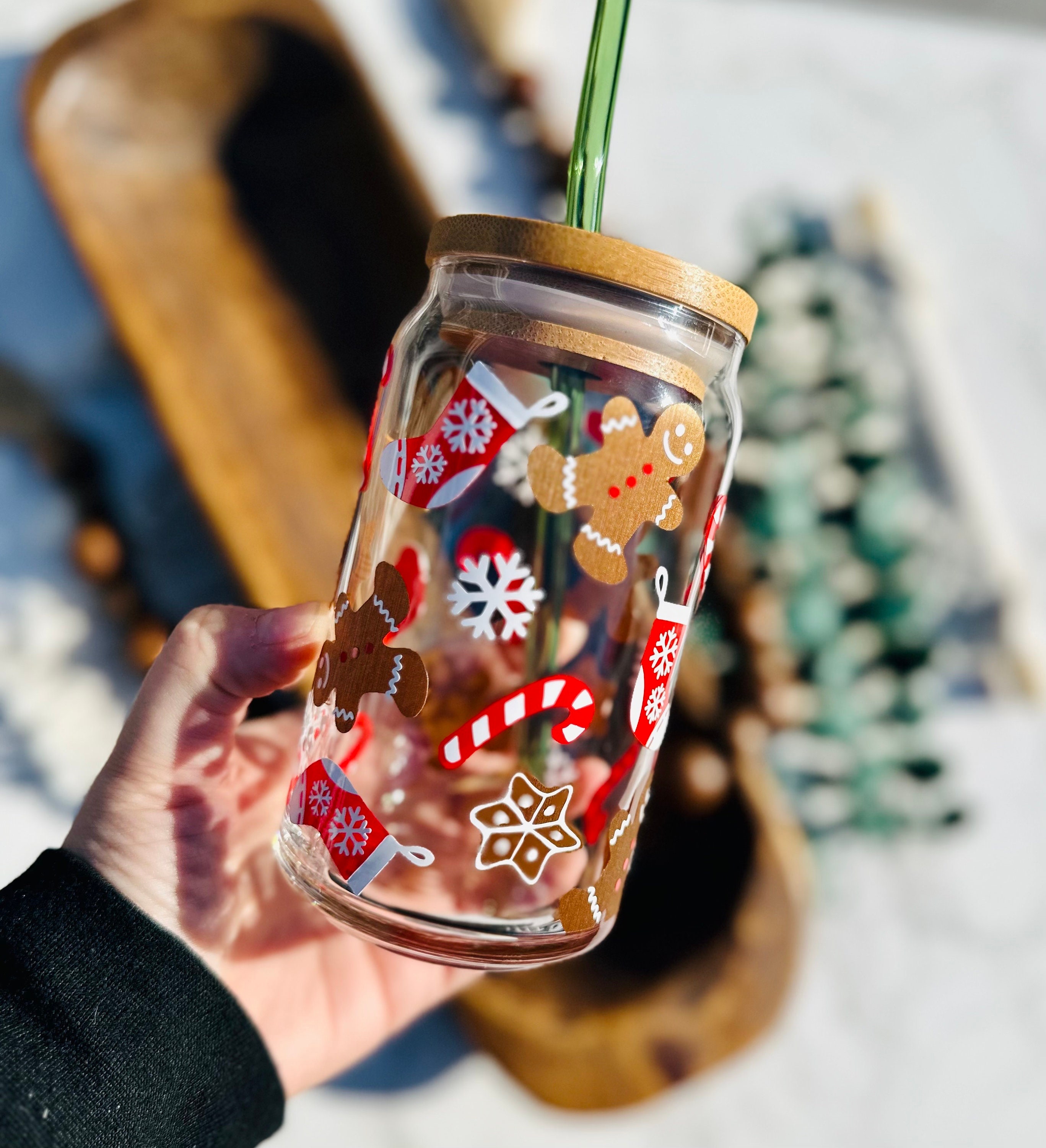 Gingerbread beer can glass, christmas libbey glass, personalized gift, Christmas gift, iced coffee cup, engraved bamboo lid and glass straw