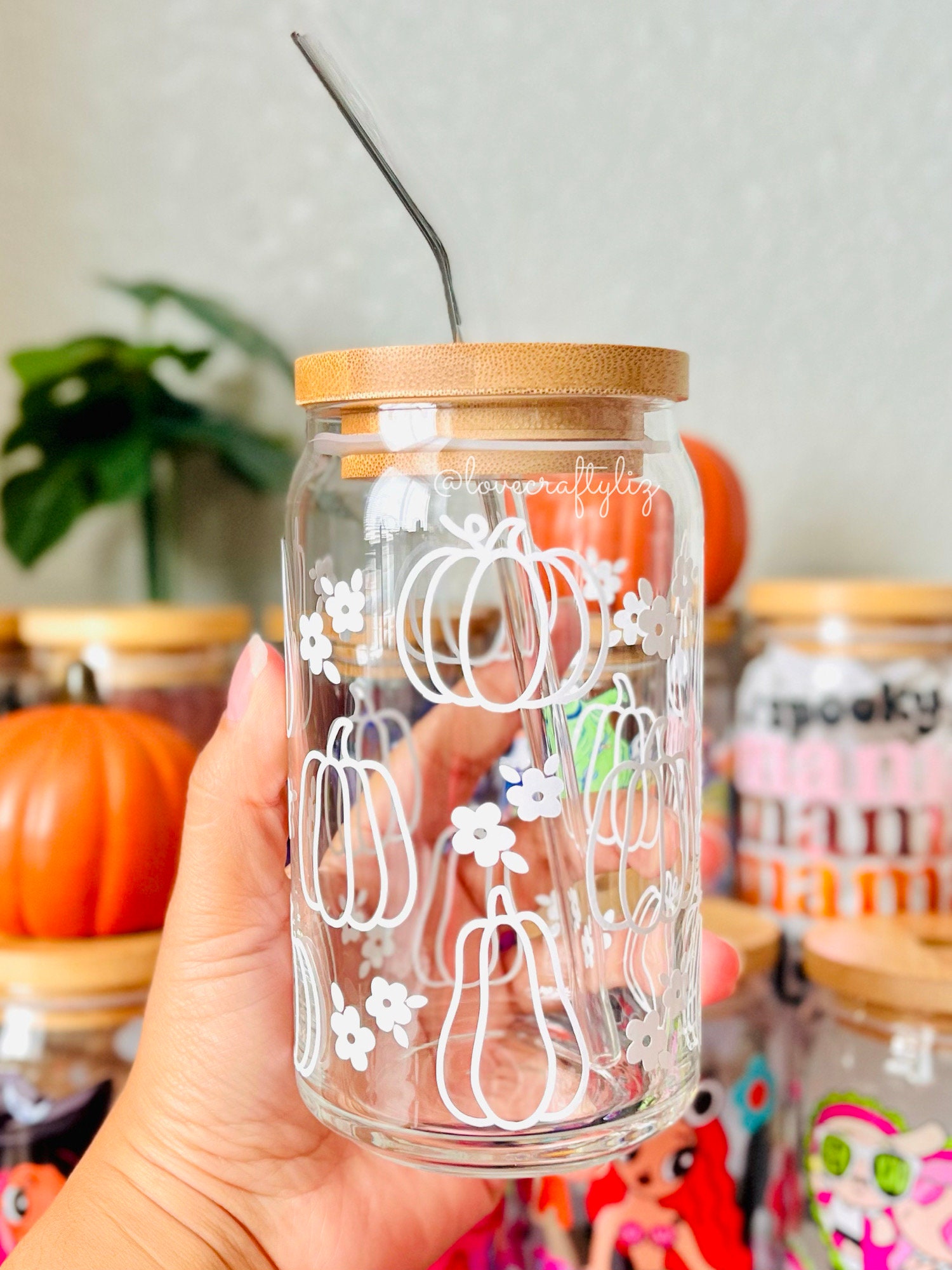 Boho Floral Pumpkins 16 oz Libbey Beer Can Glass | Halloween Soda Can Glass | Smoothie Cup | Iced Coffee Daisies Minimalist