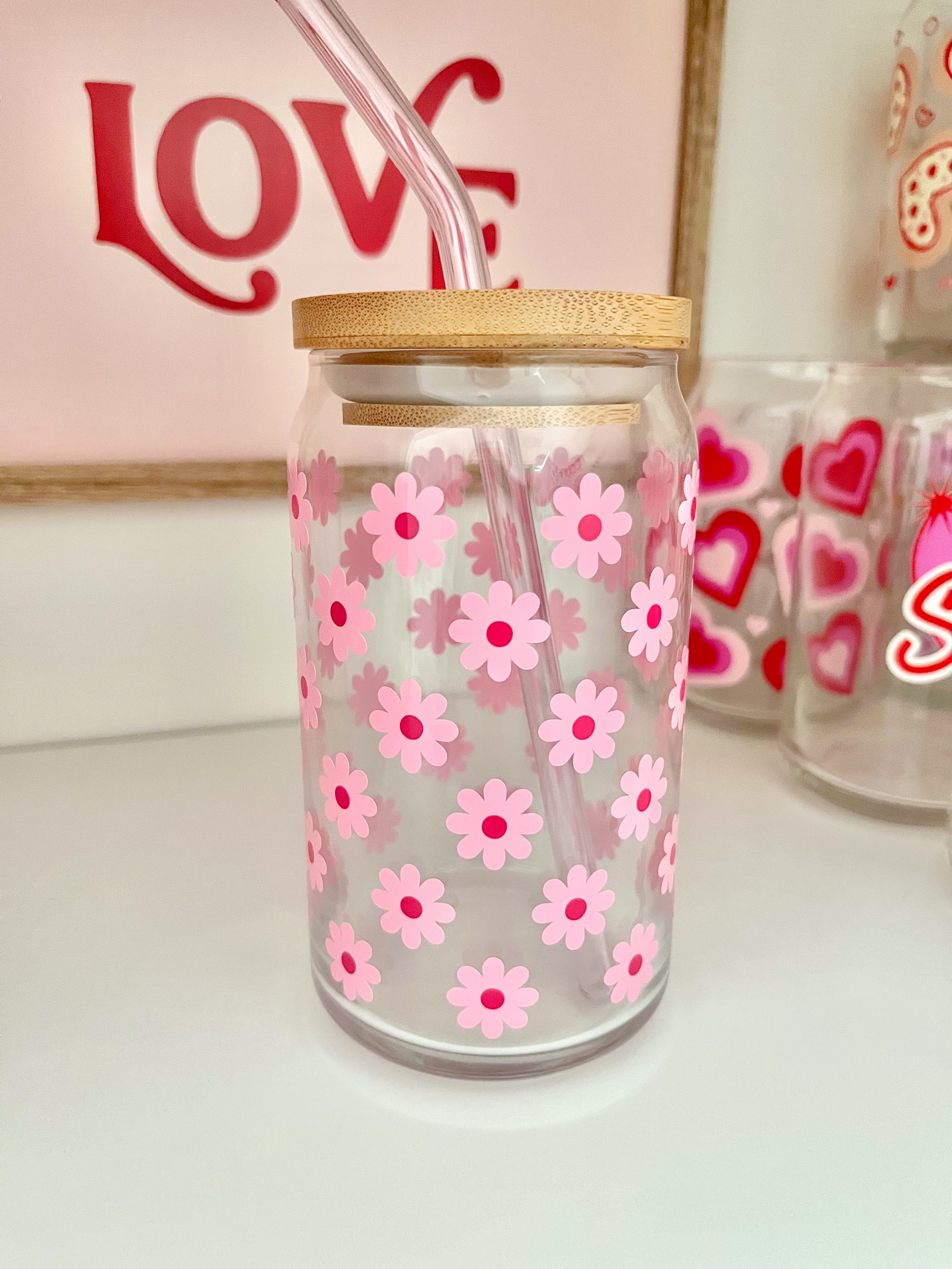 Daisy Glass Cup / Flower Glass Cup / Valentines Day Glass Cup / Iced Coffee Glass / Cute Coffee Cup / Valentines Gift / Gifts for Her