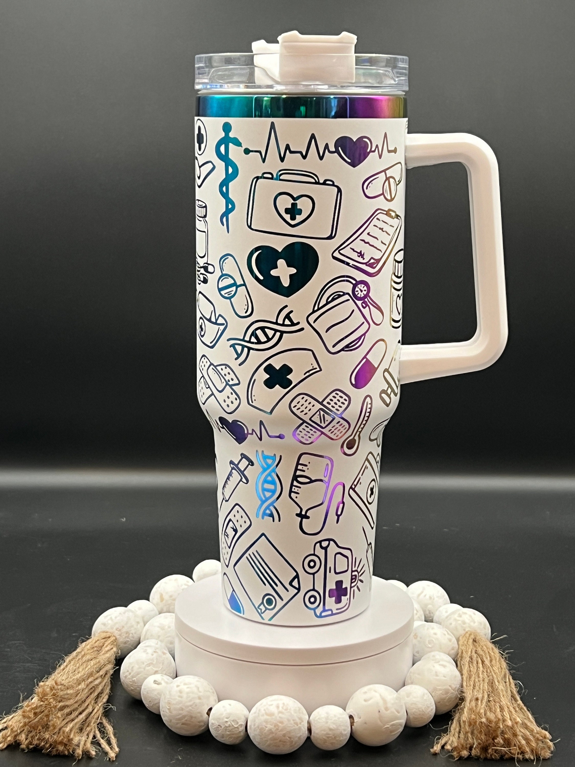 Nurse Medical Doodles Laser Engraved 40oz Tumbler with Handle Lid and Straw, Custom Engraved Seamless Tumbler, Double Wall Insulated Cup