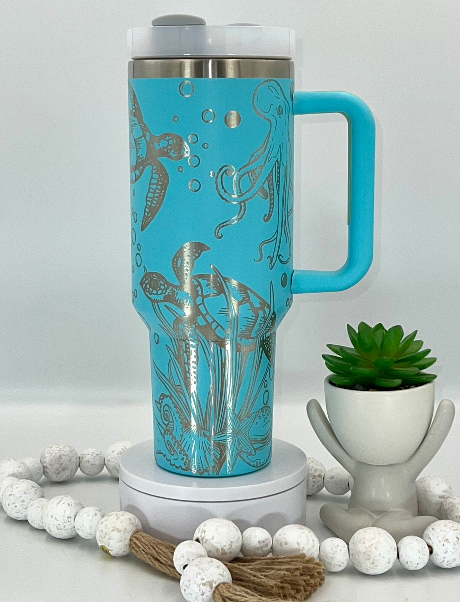 Octopus & Turtles Laser Engraved 40oz Tumbler with Handle Lid and Straw, Custom Engraved Seamless Tumbler, Double Wall Insulated Cup