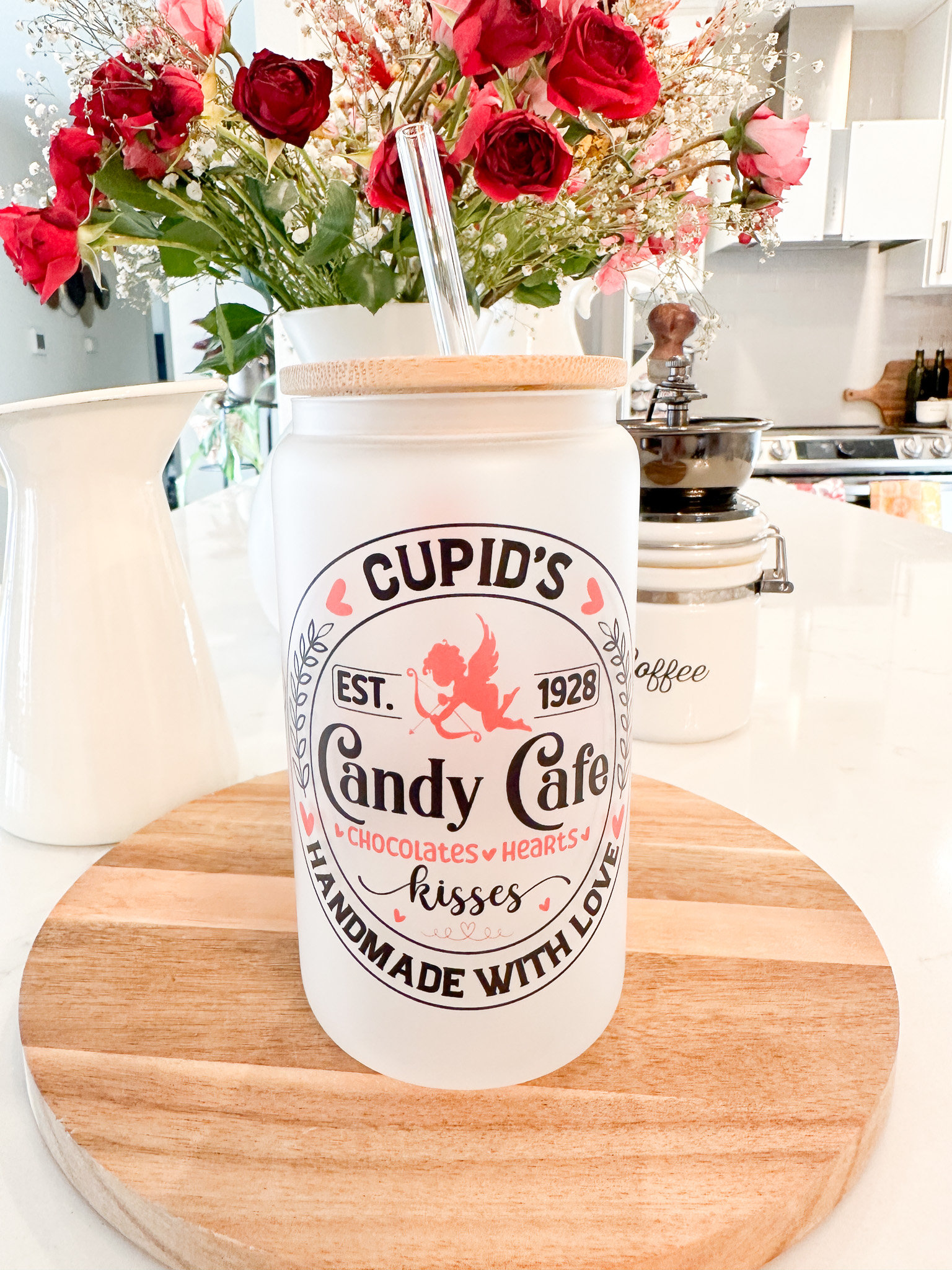 Cupid Frosted Can Glass, Valentine’s Day Iced Coffee Glass, Best Friend Gift, 16 oz Glass Cup w/ Lid & Straw, Sweetheart Gift, Cupid Hearts