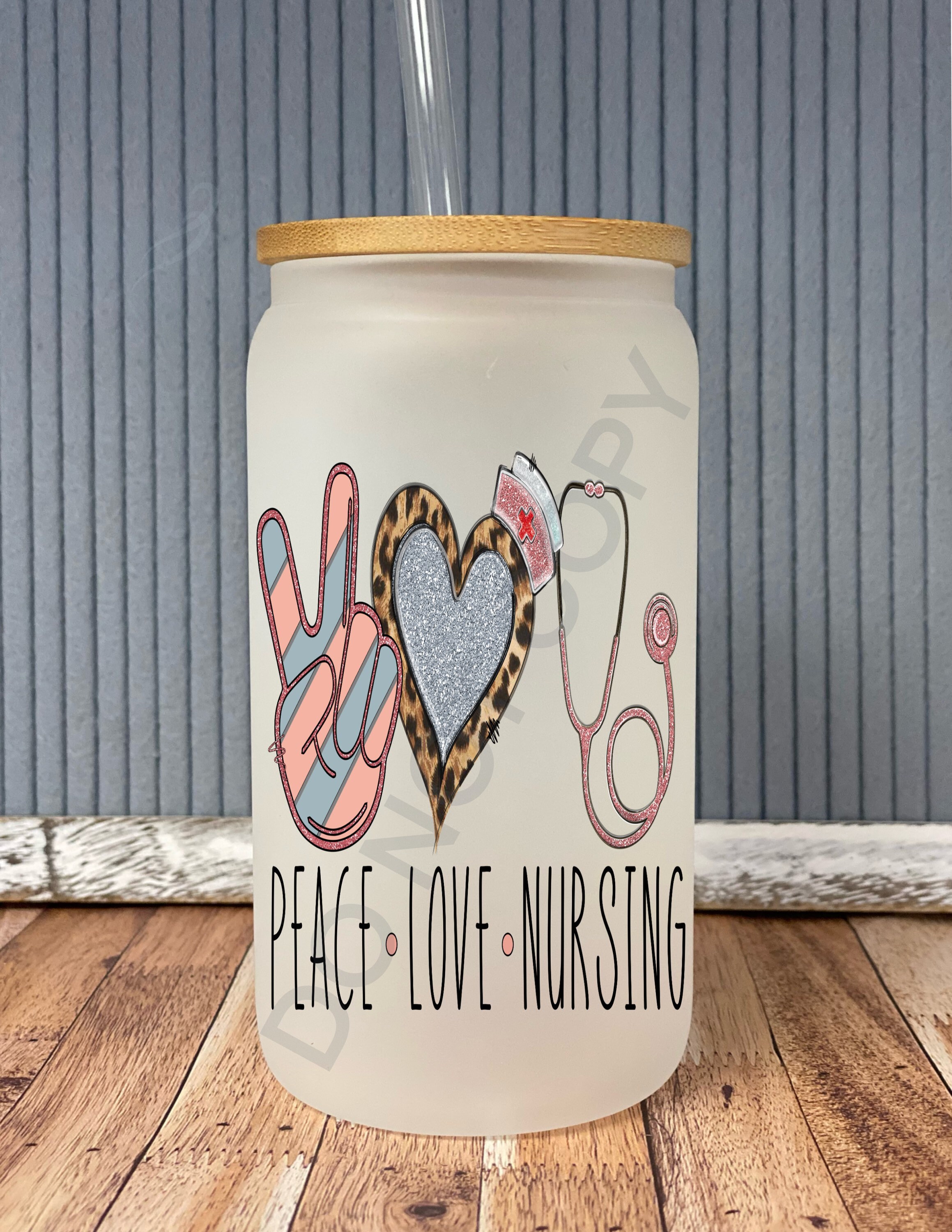 Peace love nursing- frosted can shaped glass with lid and straw