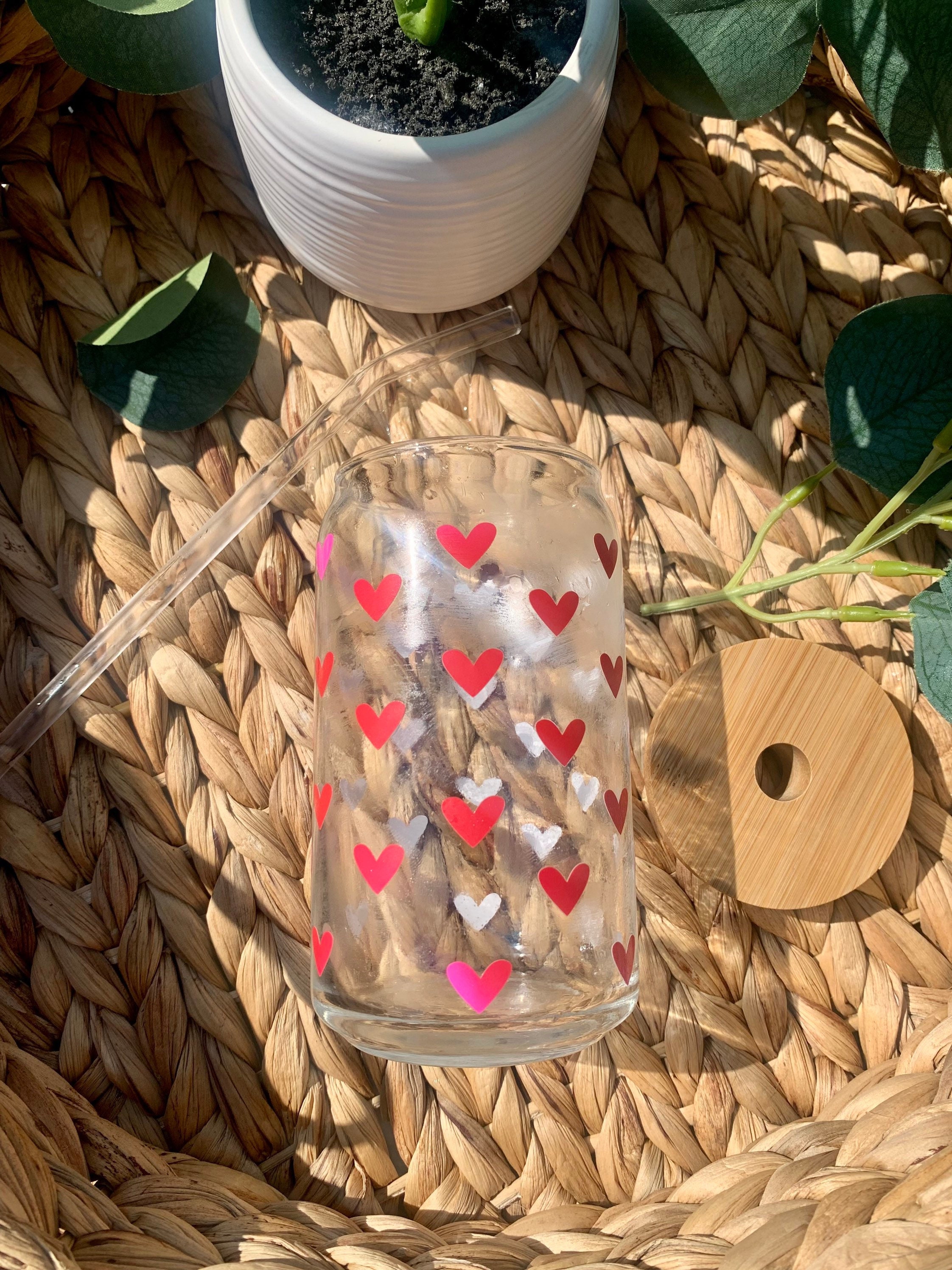 Color Changing beer can glass, heart cup, libbey glass, coffee glass, engraved bamboo lid and glass straw, iced coffee glass