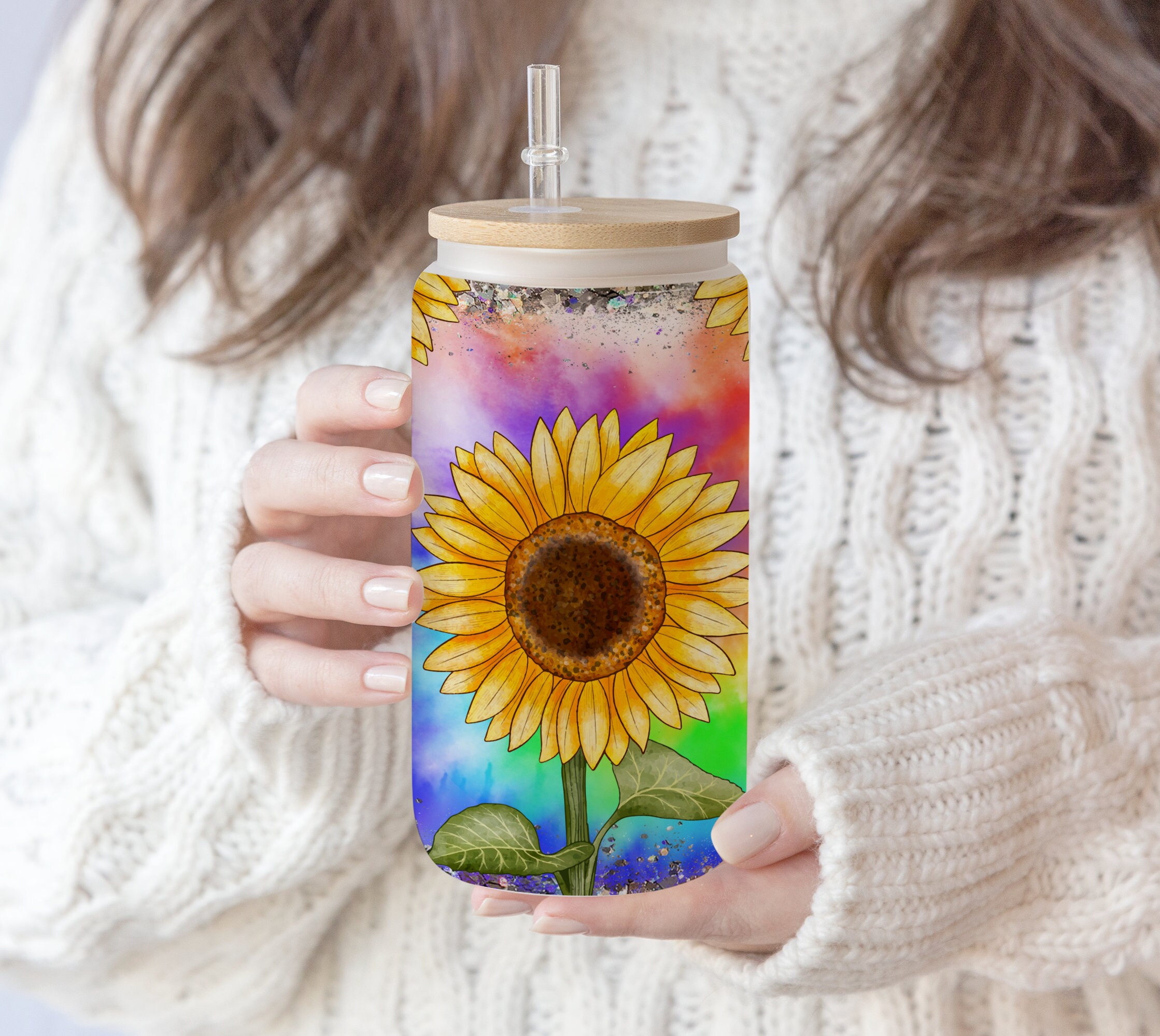 3 files 16 oz Libbey Glass Can Tumbler Seamless Sunflower Tie Dye Rainbow ,Mum life floral Sublimation Design Pen Wrap, Waterslide glass