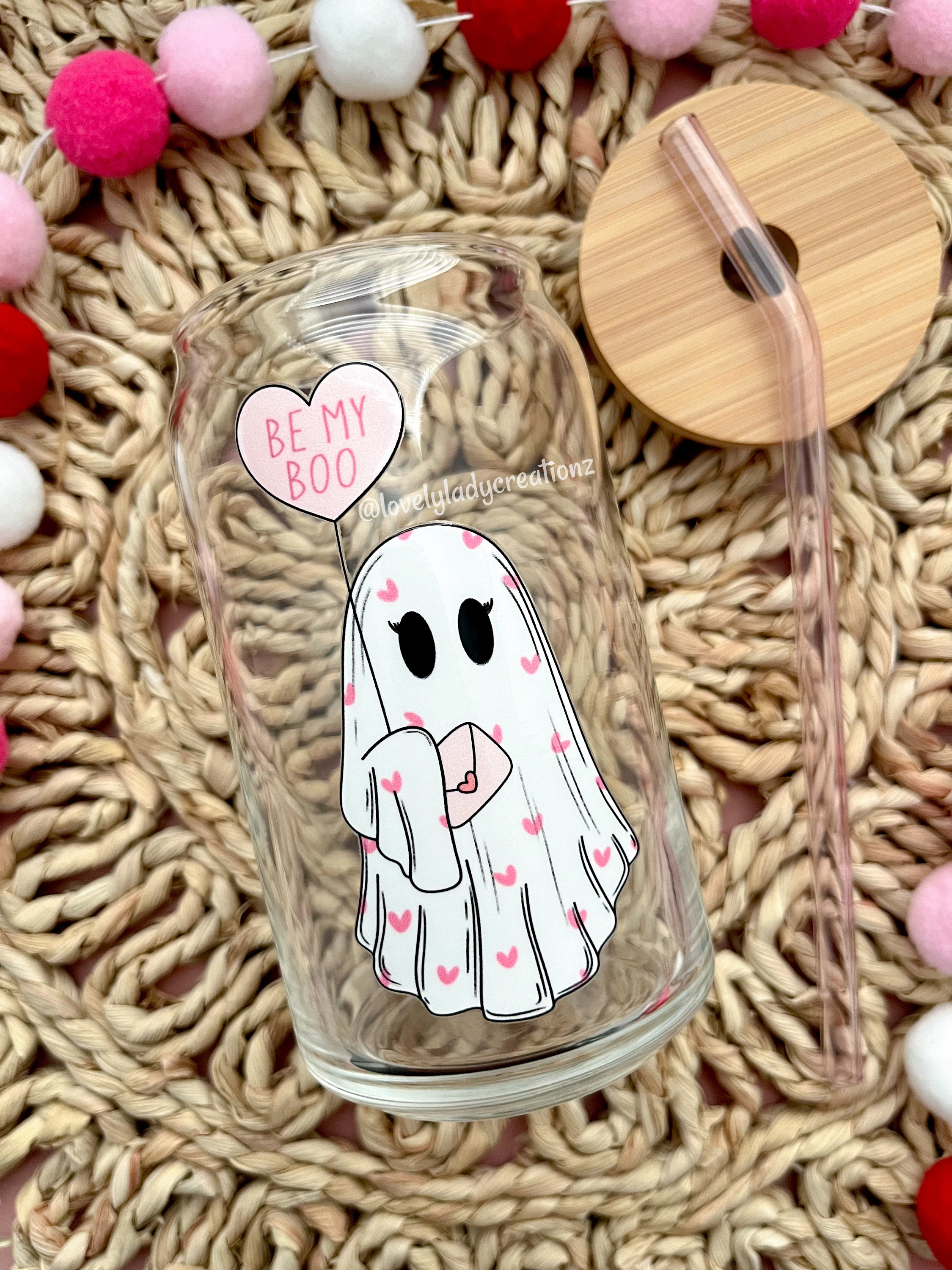 Be My Boo Ghost Valentines Glass Cup / Valentines Day Glass Cup / Iced Coffee Glass / Cute Coffee Cup / Valentines Gift / Gifts for Her