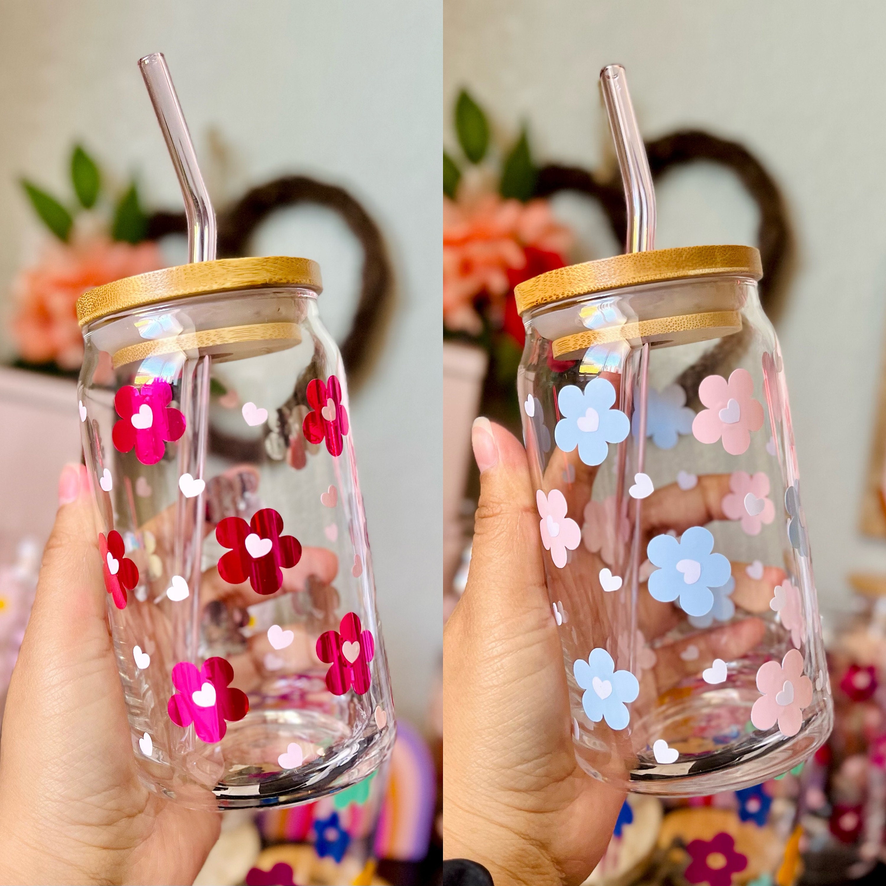 Retro Floral Daisies Heart 16 oz Beer Can Glass | Spring Cup | Self Love | Iced Coffee | Smoothie | Boho | Gift |Easter Flowers |Pastel