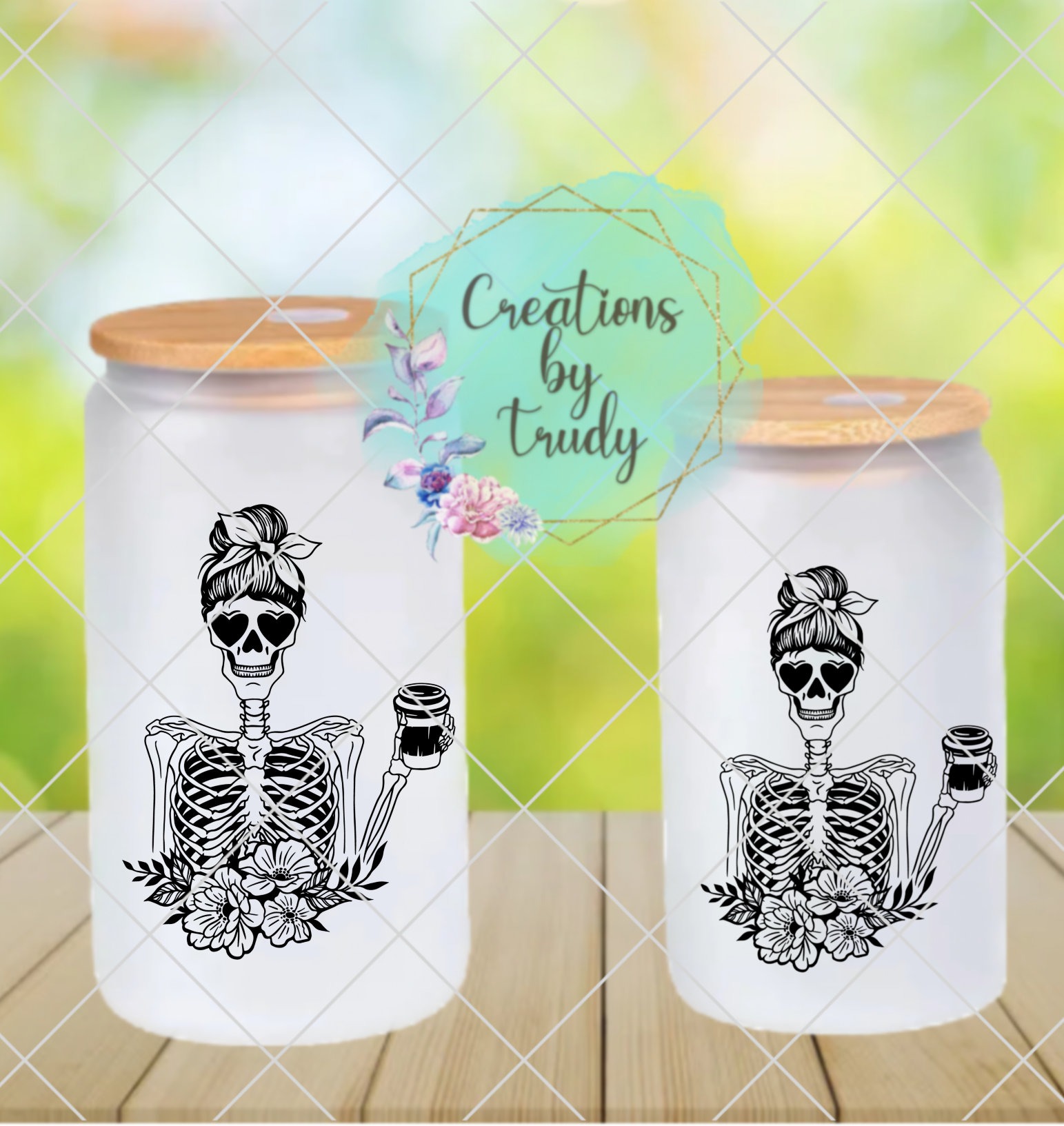 Skeleton lady coffee- frosted can shaped glass with lid and straw