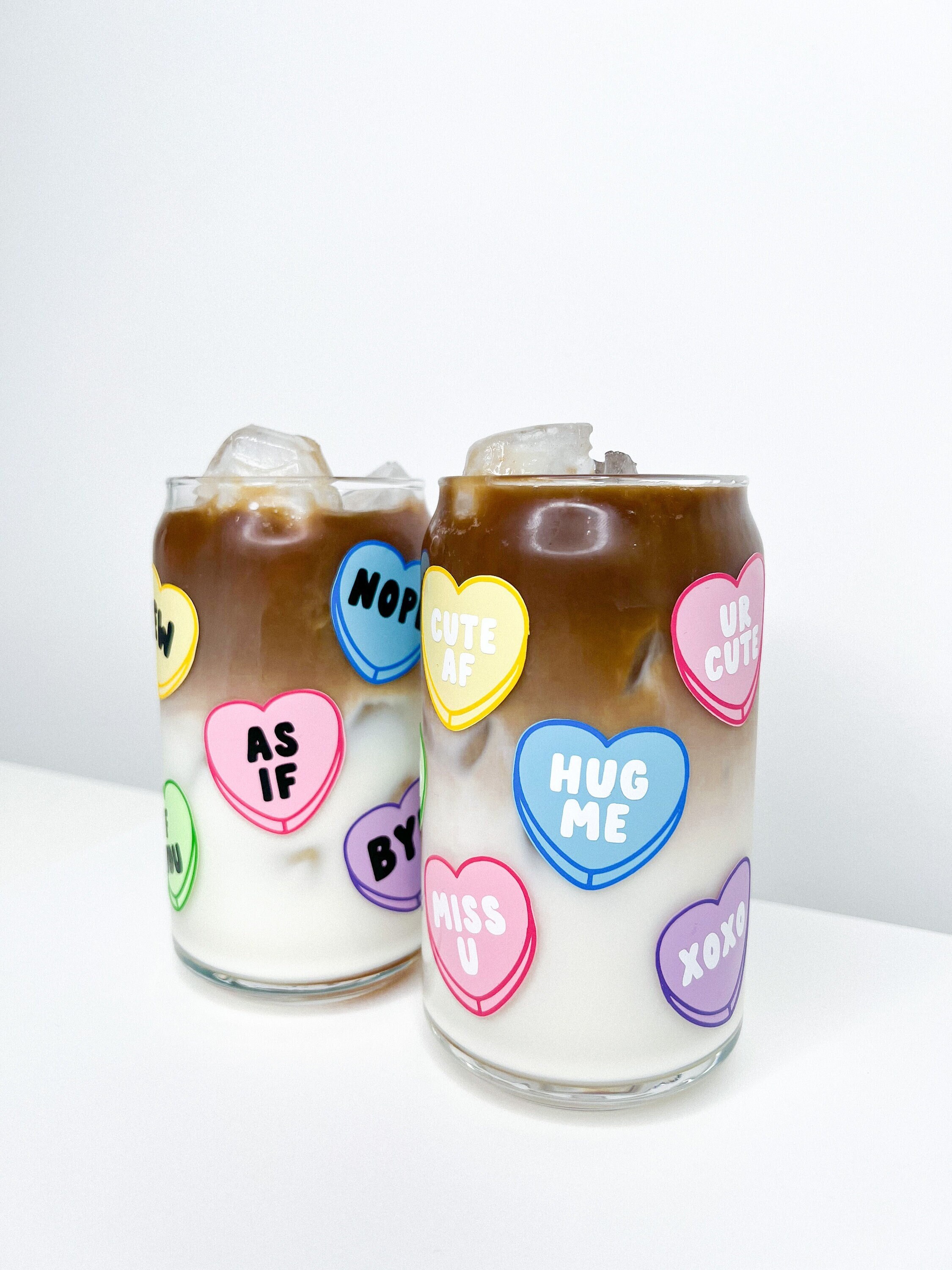 Candy Heart Glass | Valentines Day | Modern Coffee Glass | Beer Pint Glass | 16 oz Glass | Coffee Addicts | Morning Coffee | Iced Coffee