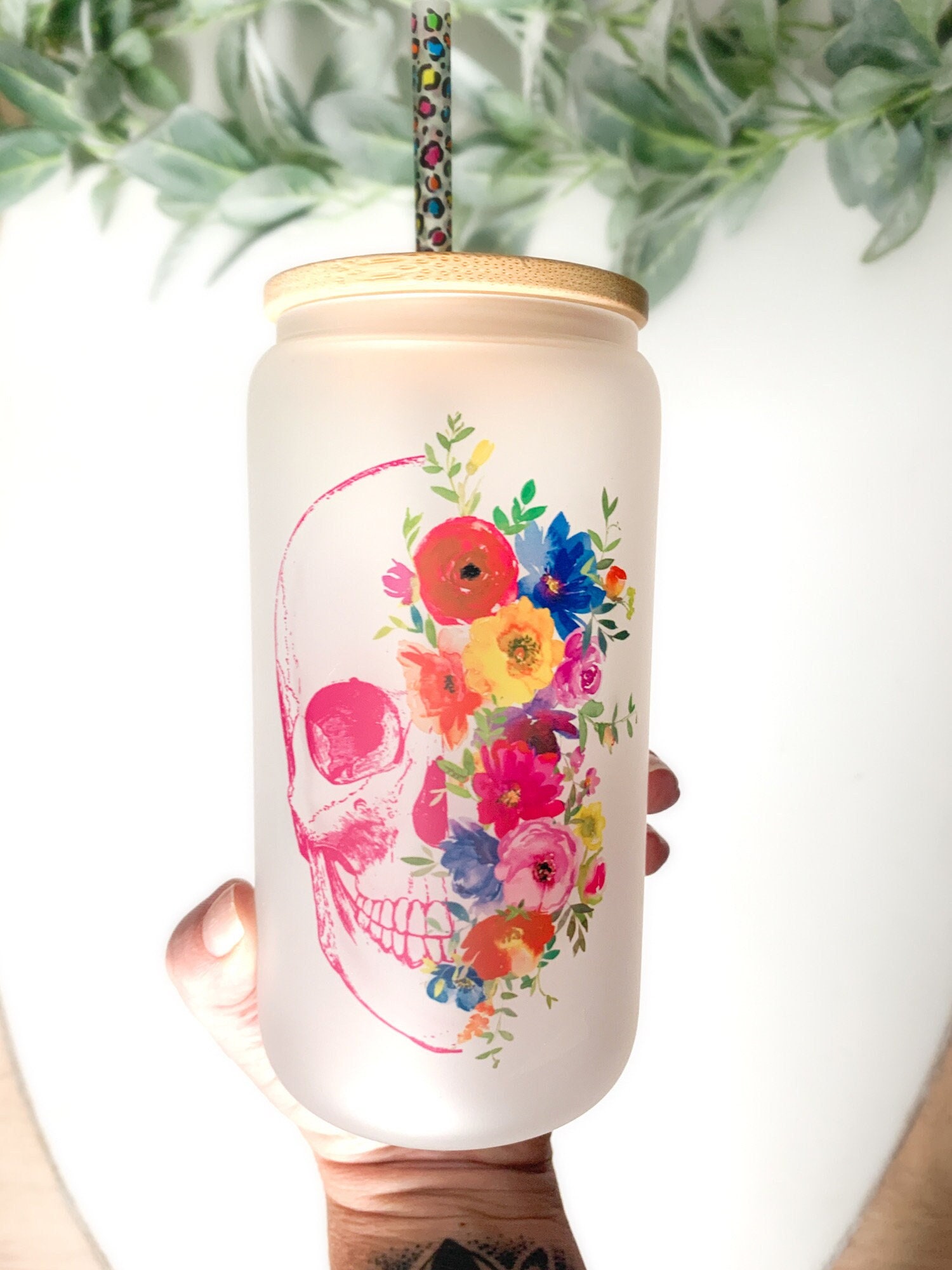 Rose Floral skull with name/ Libbey cup/Floral beer can cup/ glass beer can cup/ skull cup